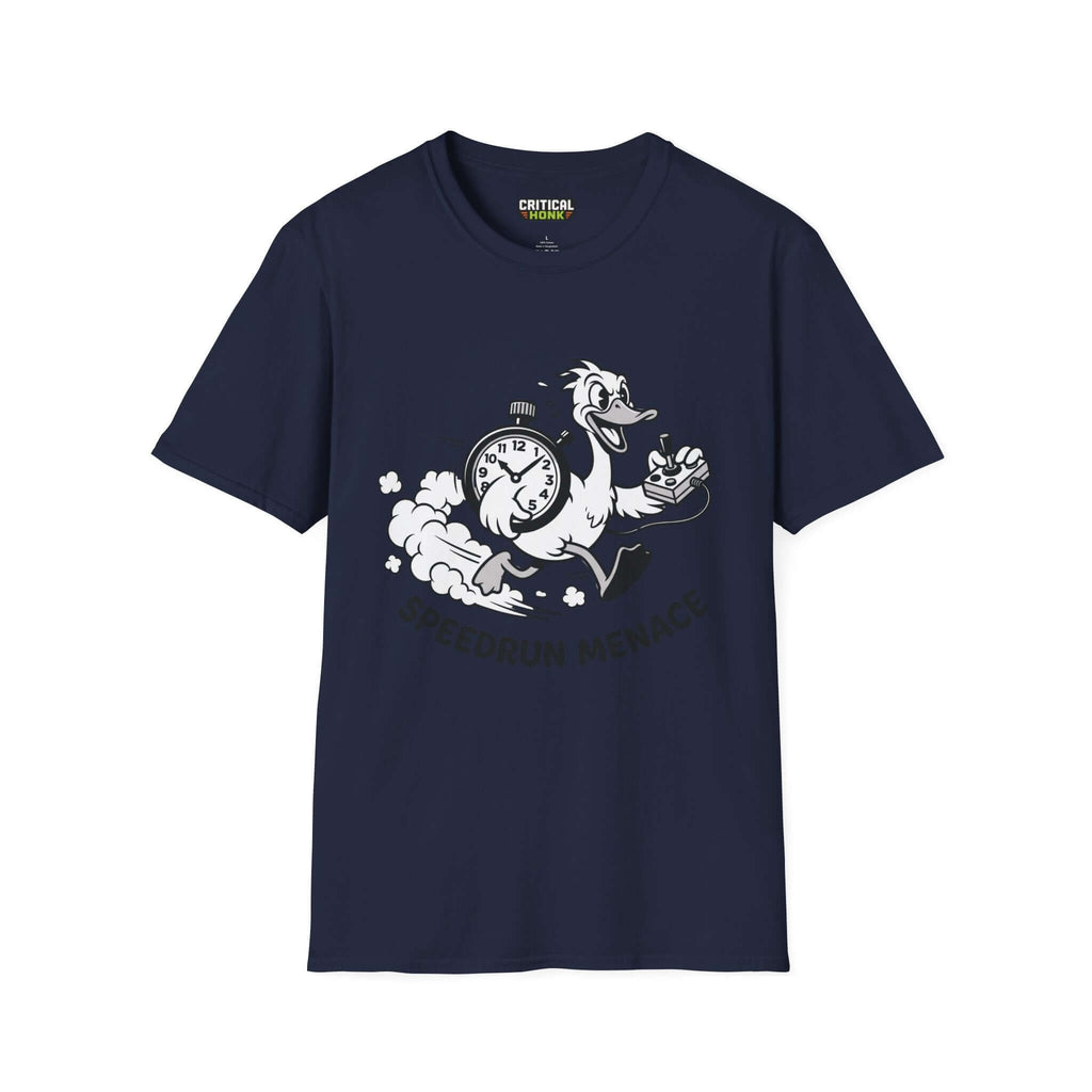 Speedrun menace T-Shirt featuring a playful character with a stopwatch, on a navy Gildan Softstyle shirt.