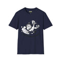 Speedrun menace T-Shirt featuring a playful character with a stopwatch, on a navy Gildan Softstyle shirt.