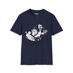 Speedrun menace T-Shirt featuring a playful character with a stopwatch, on a navy Gildan Softstyle shirt.