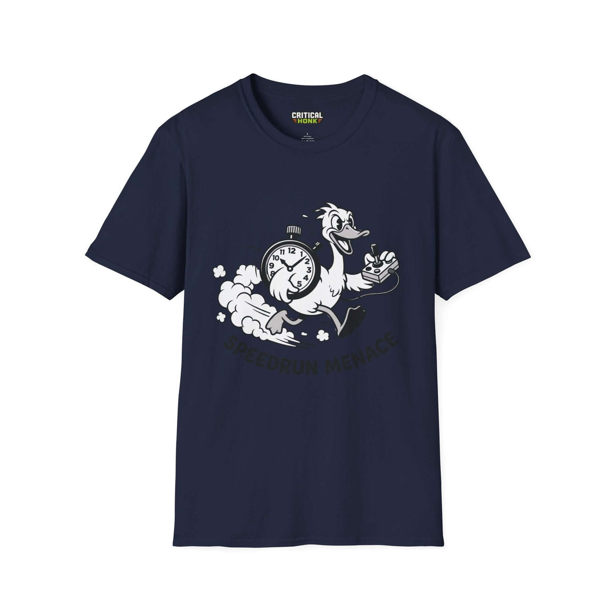 Speedrun menace T-Shirt featuring a playful character with a stopwatch, on a navy Gildan Softstyle shirt.