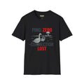 Ping zero T-Shirt featuring a graphic of a swan, gaming device and explosion print on a black Gildan Softstyle fabric.