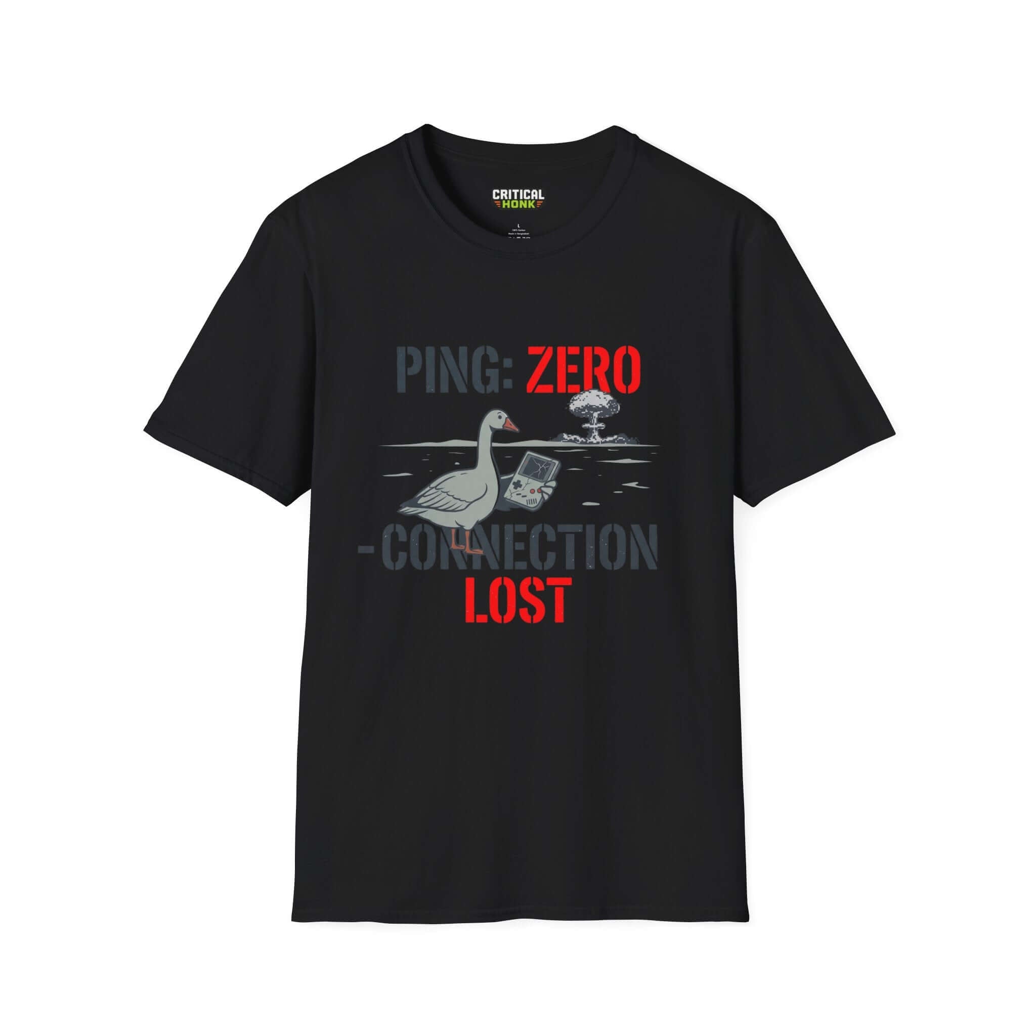 Ping zero T-Shirt featuring a graphic of a swan, gaming device and explosion print on a black Gildan Softstyle fabric.