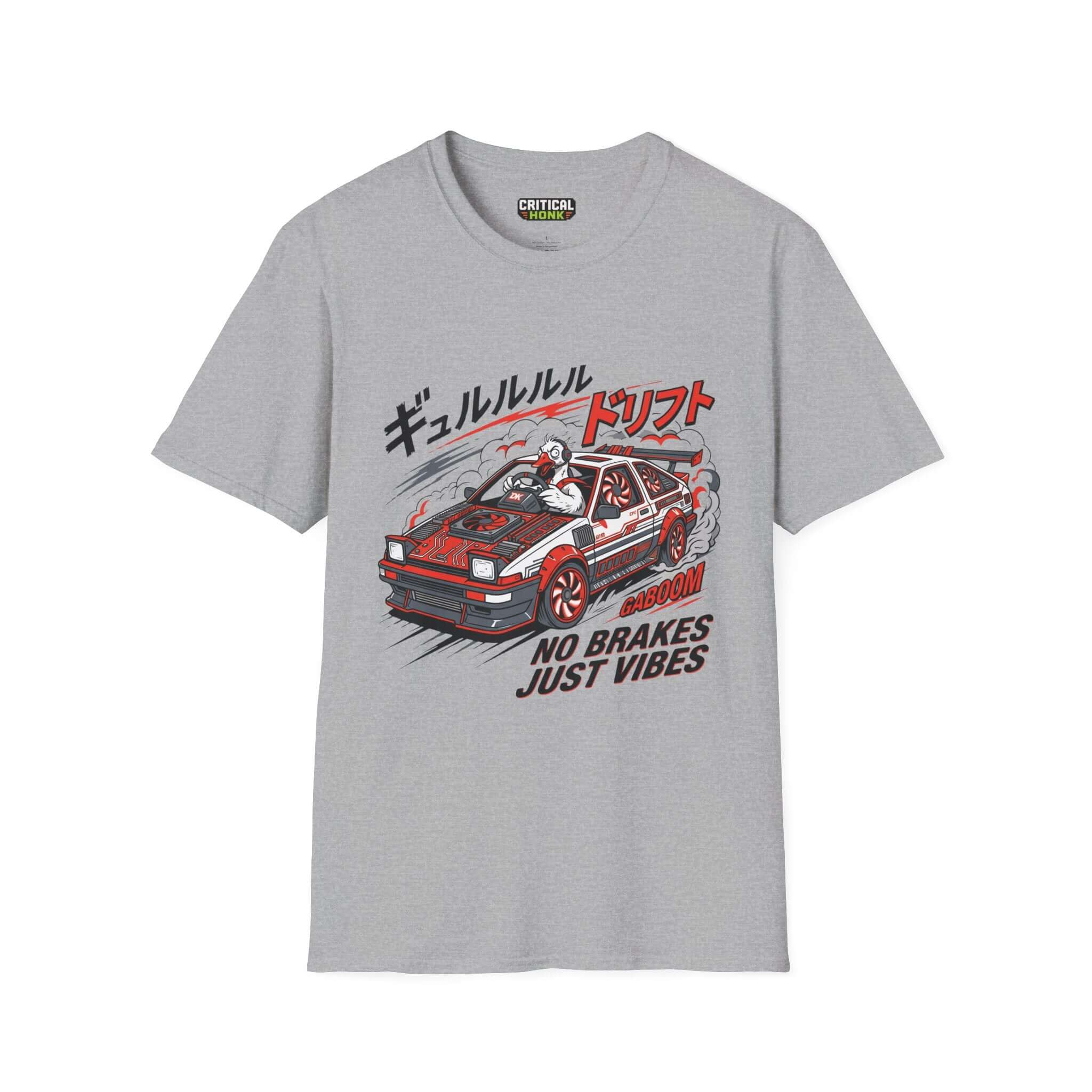 No brakes T-Shirt in Sport Grey featuring a graphic of a drifting car with text, made from soft 100% cotton.