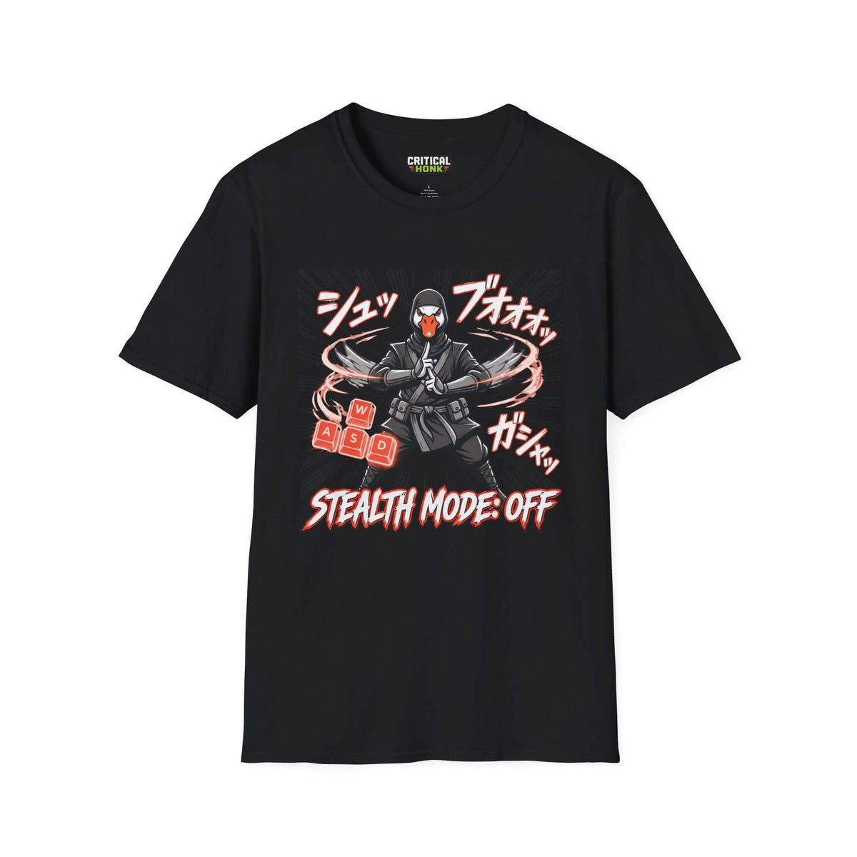 Stealth mode off T-Shirt in black, featuring gaming-inspired artwork and a softstyle unisex fit.