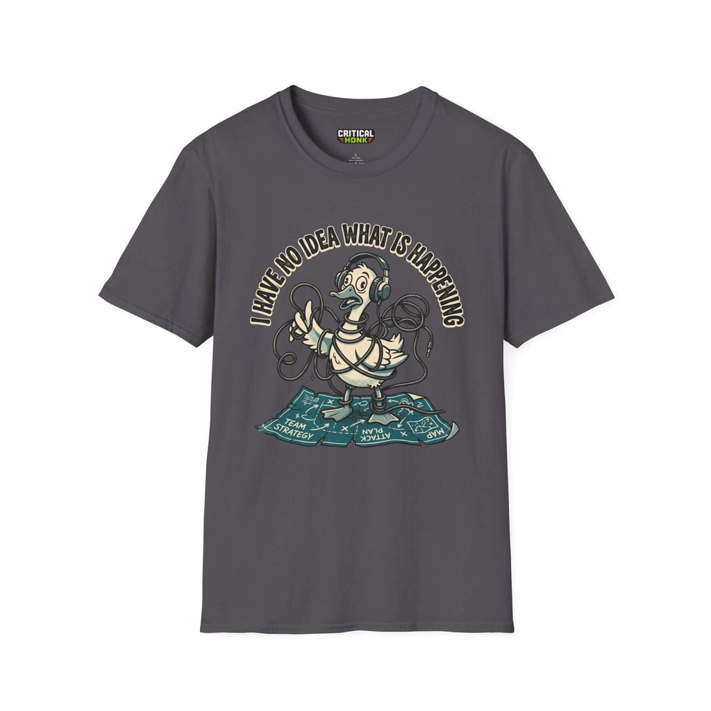 No idea what is happening T-Shirt in charcoal color featuring a cartoon duck, perfect for casual wear.