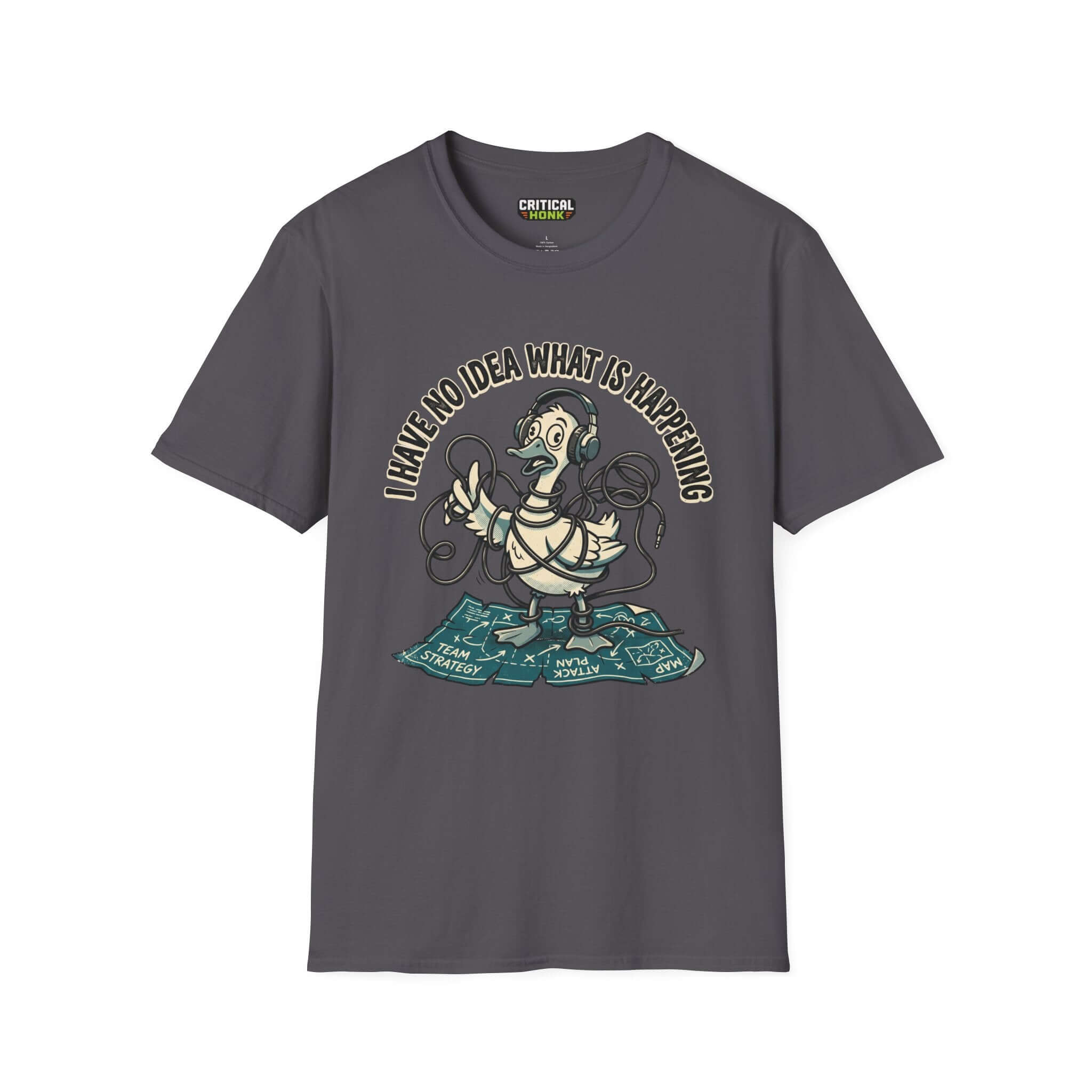 No idea what is happening T-Shirt in charcoal color featuring a cartoon duck, perfect for casual wear.
