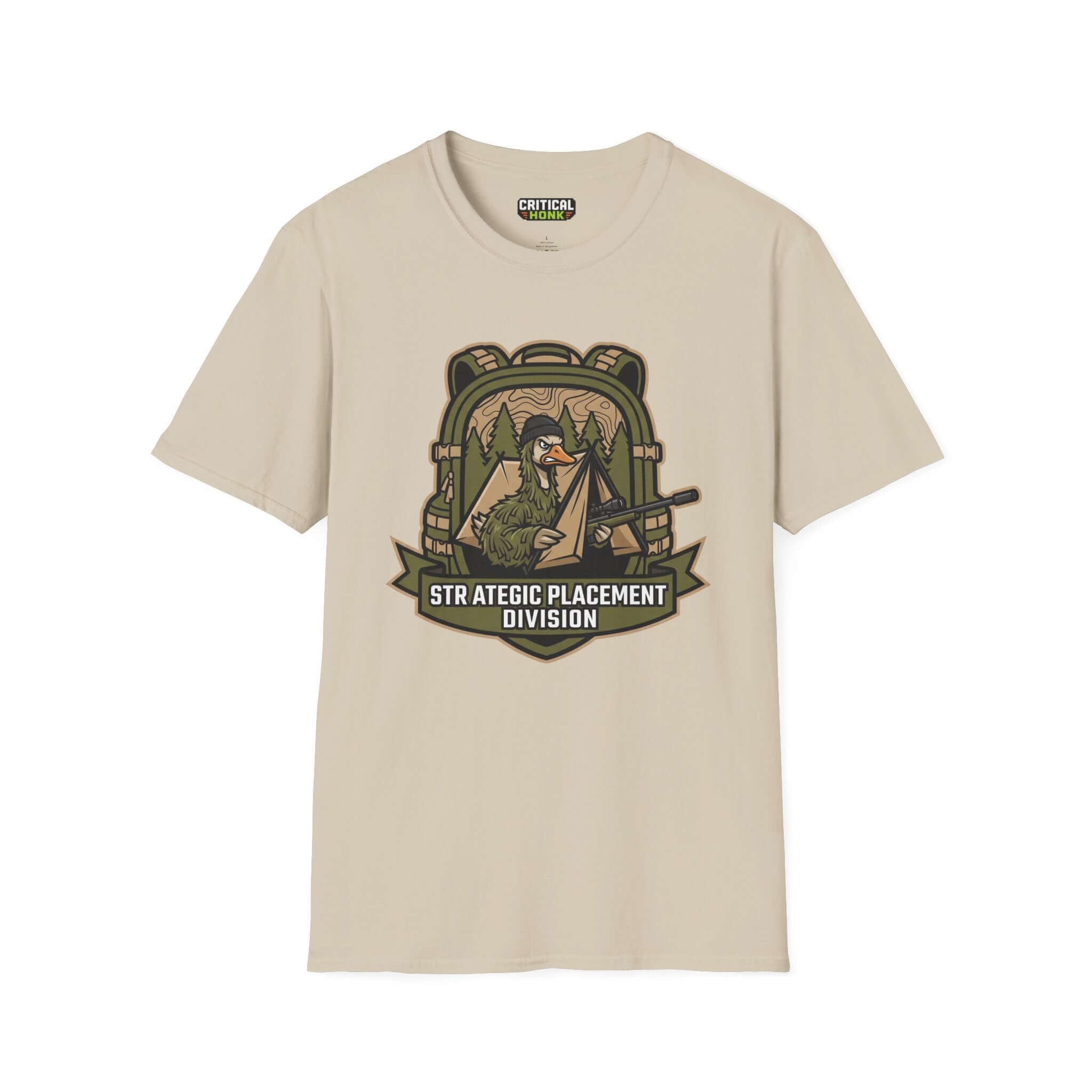 Strategic division T-Shirt in sand color featuring a graphic logo from the Critical Honk Collection.