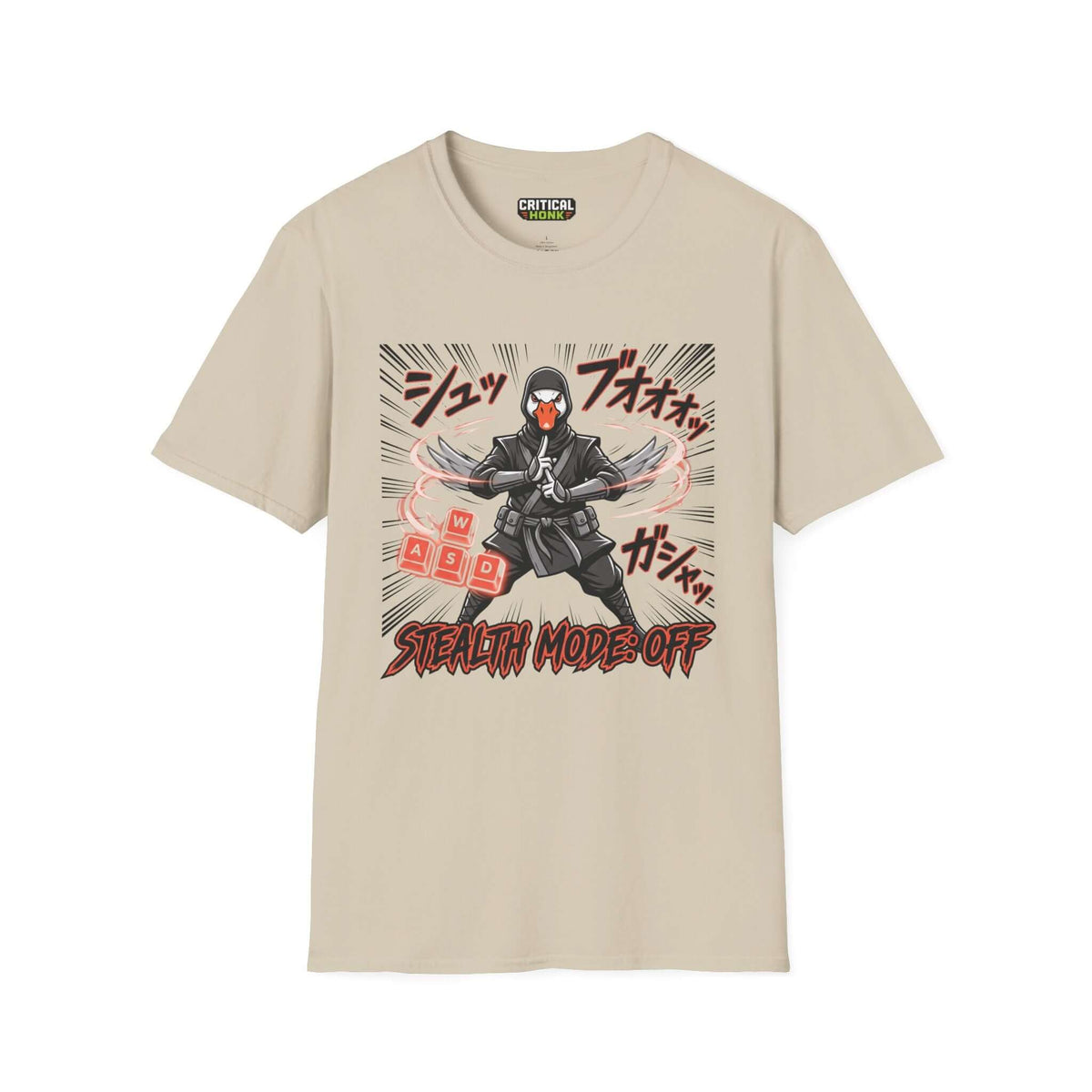 Stealth mode off T-Shirt in sand color featuring anime-inspired graphic design and unisex fit.