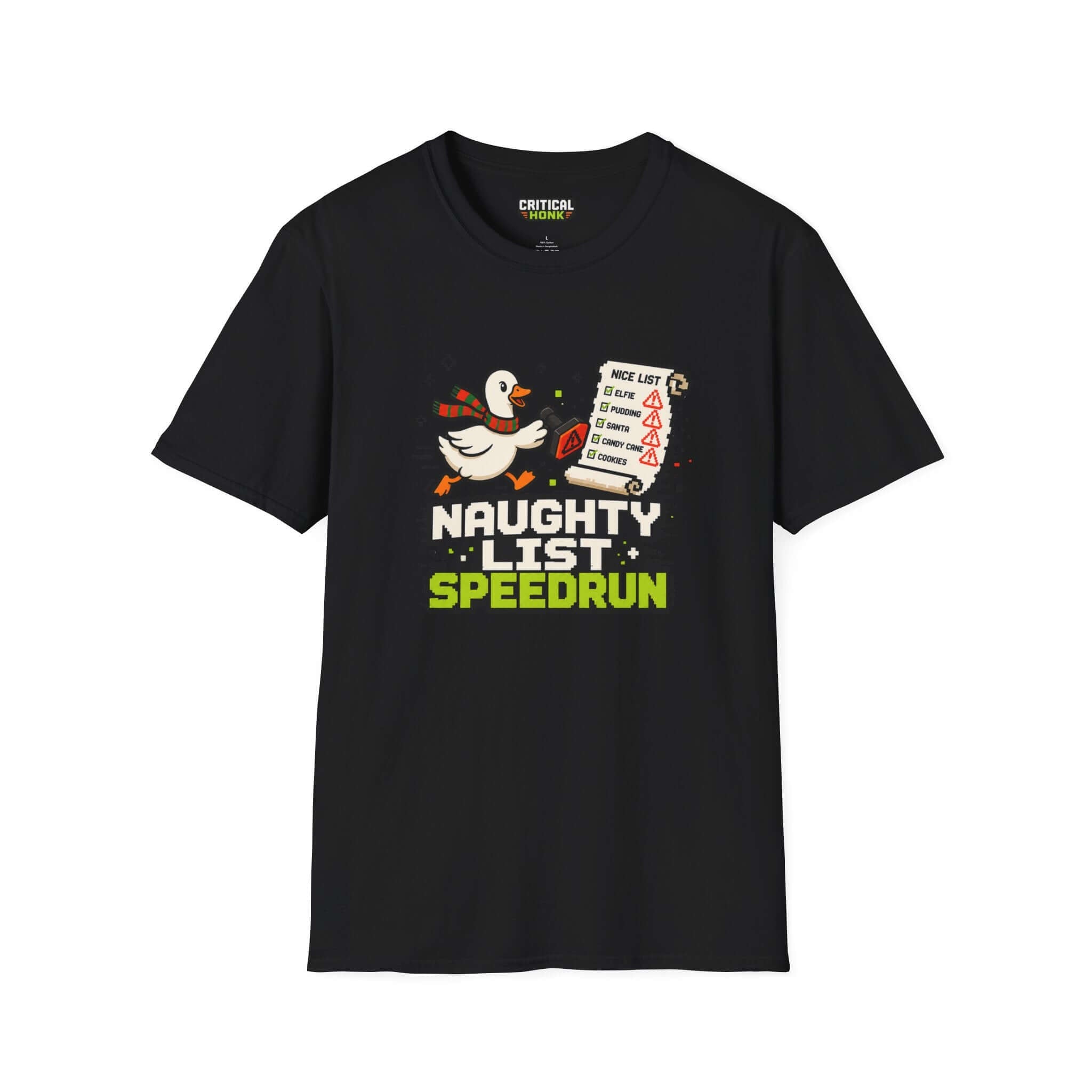 Naughty list speedrun T-Shirt in black, featuring a fun duck design and holiday theme, made from soft 100% cotton.