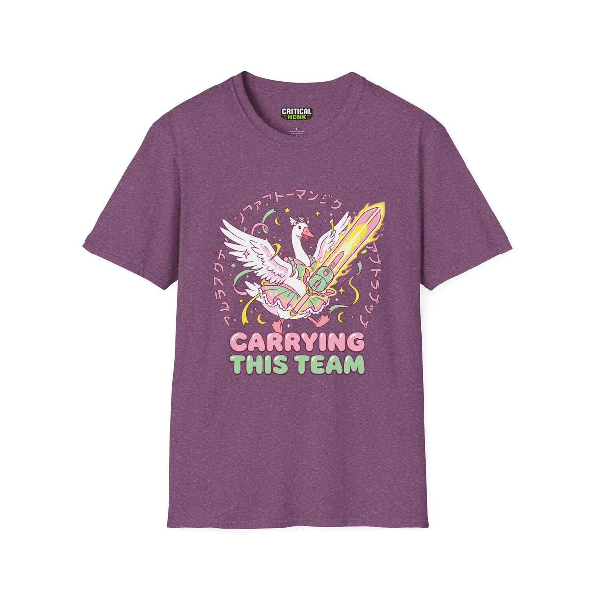 Carriying the team T-Shirt in Heather Maroon by Chaos Inspired Apparel, featuring a playful graphic and unisex fit.