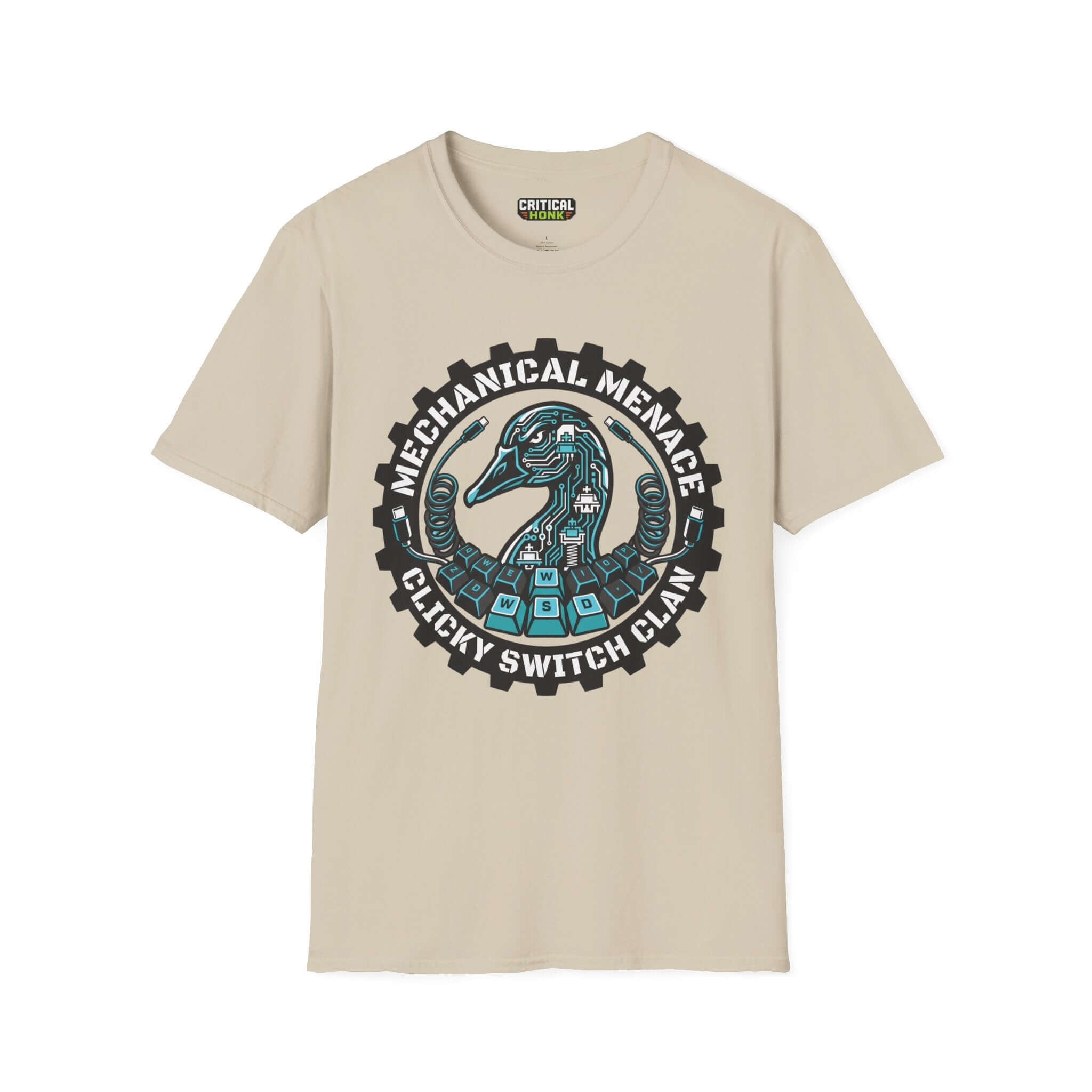Mechanical menace T-Shirt in sand color featuring a unique design from the Critical Honk collection.