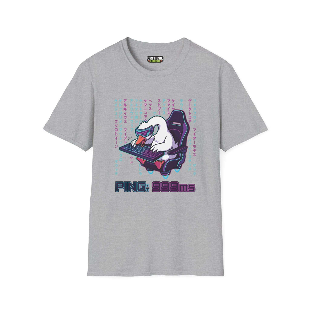 Ping 999ms T-Shirt in Sport Grey with a whimsical duck design, part of the Critical Honk Collection.