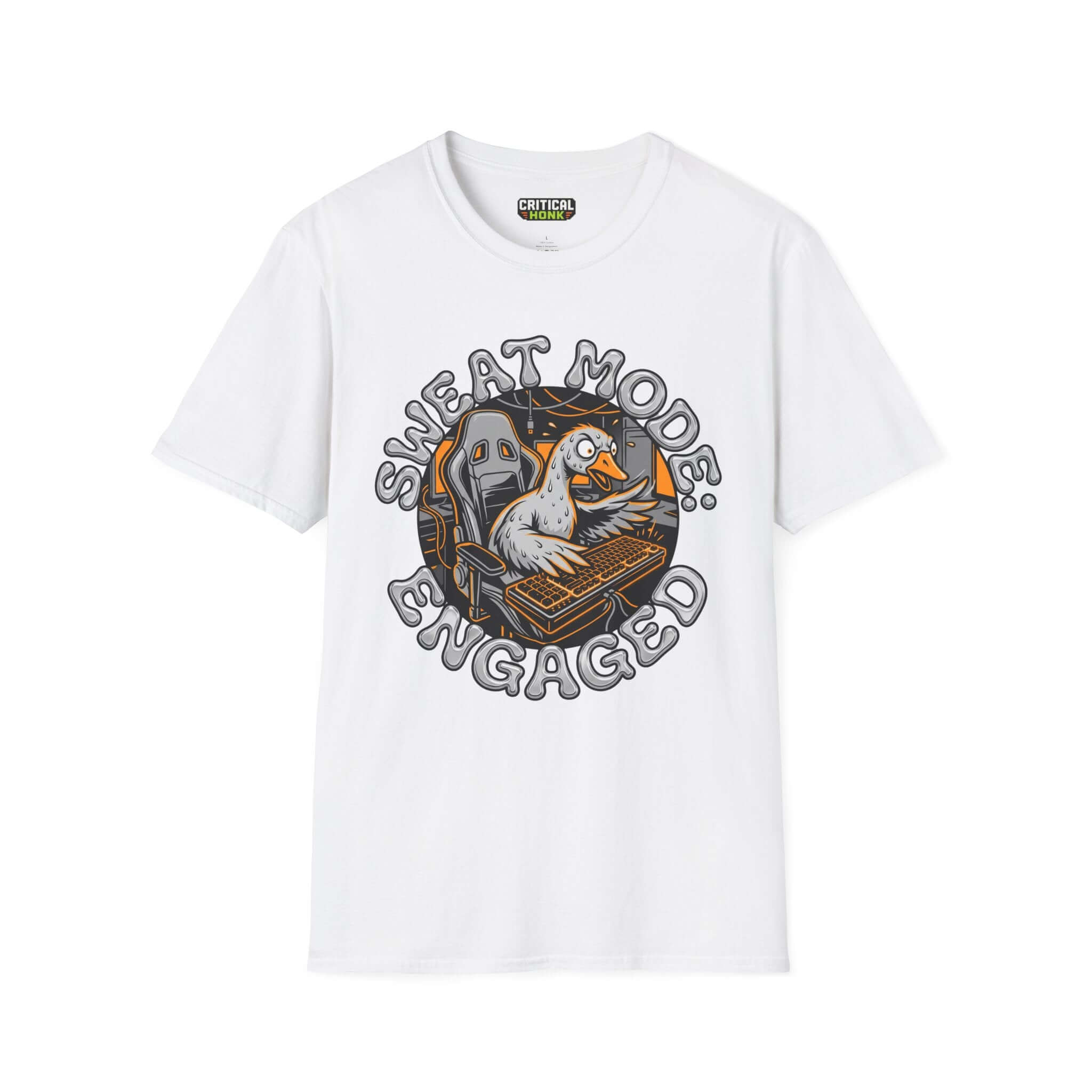 Sweat mode engaged T-Shirt featuring a duck gaming on a keyboard, perfect for casual wear and gamers.