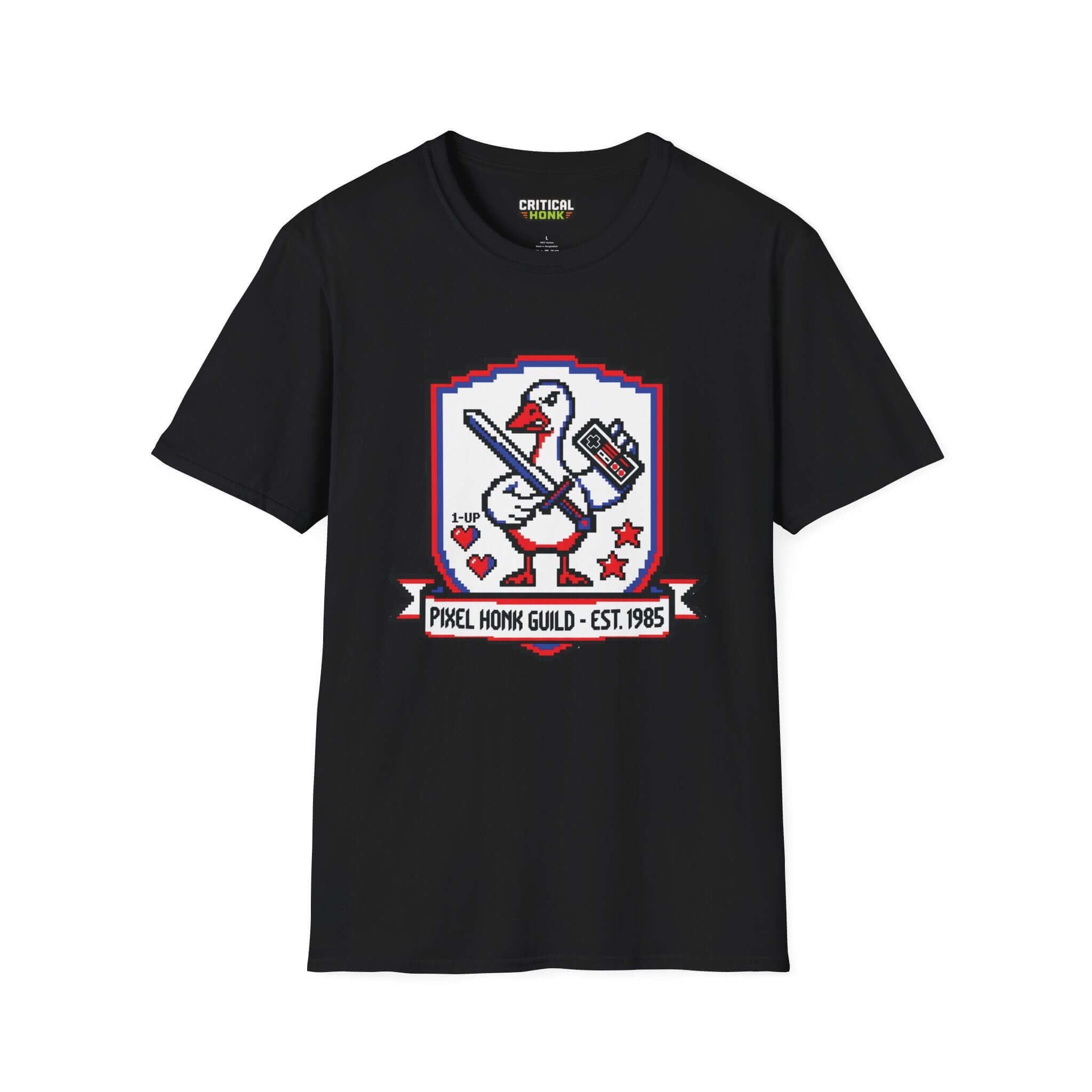 Pixel guild T-Shirt in black featuring a pixel art duck with a sword and game controller, part of the Critical Honk Collection.