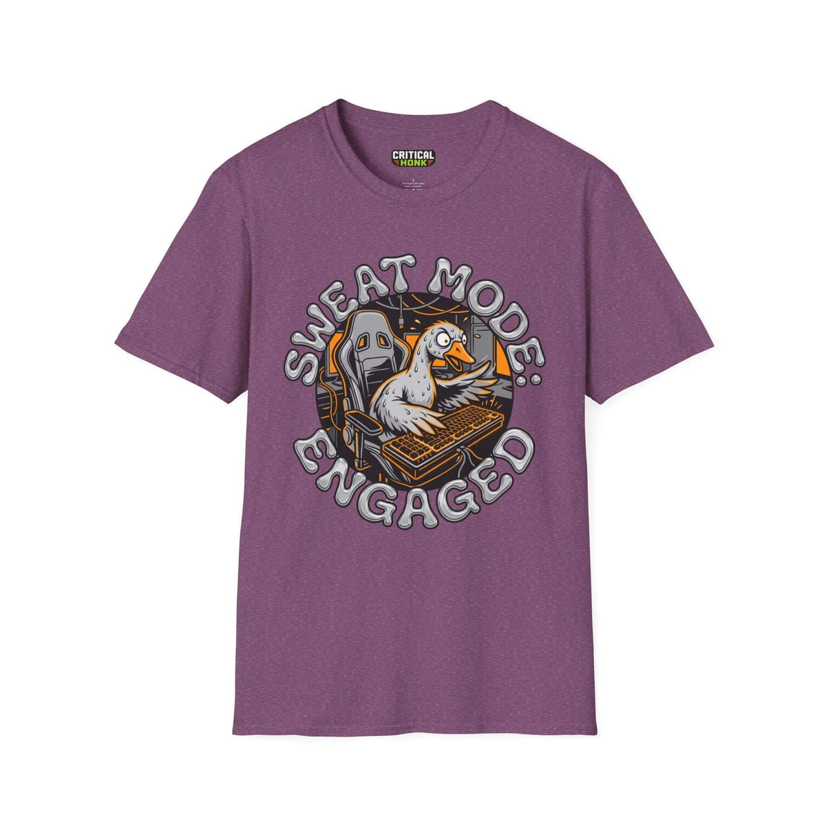 Sweat mode engaged T-Shirt in Heather Maroon featuring a humorous duck design, perfect for gaming enthusiasts.