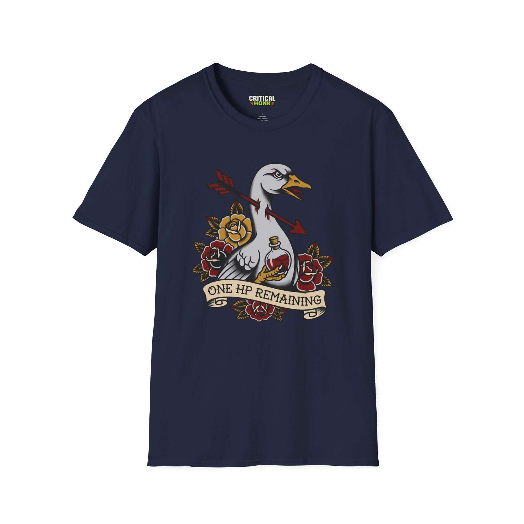 One-hp remaining T-Shirt in navy featuring a duck graphic and floral design, made from 100% ring-spun cotton.