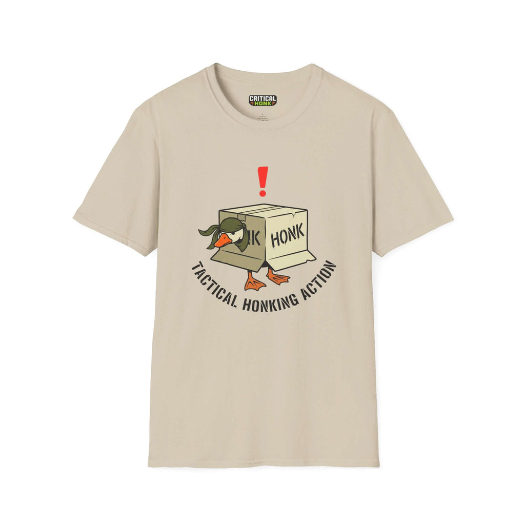 tactical honking action T-Shirt in sand color with cartoon duck design and box on front.
