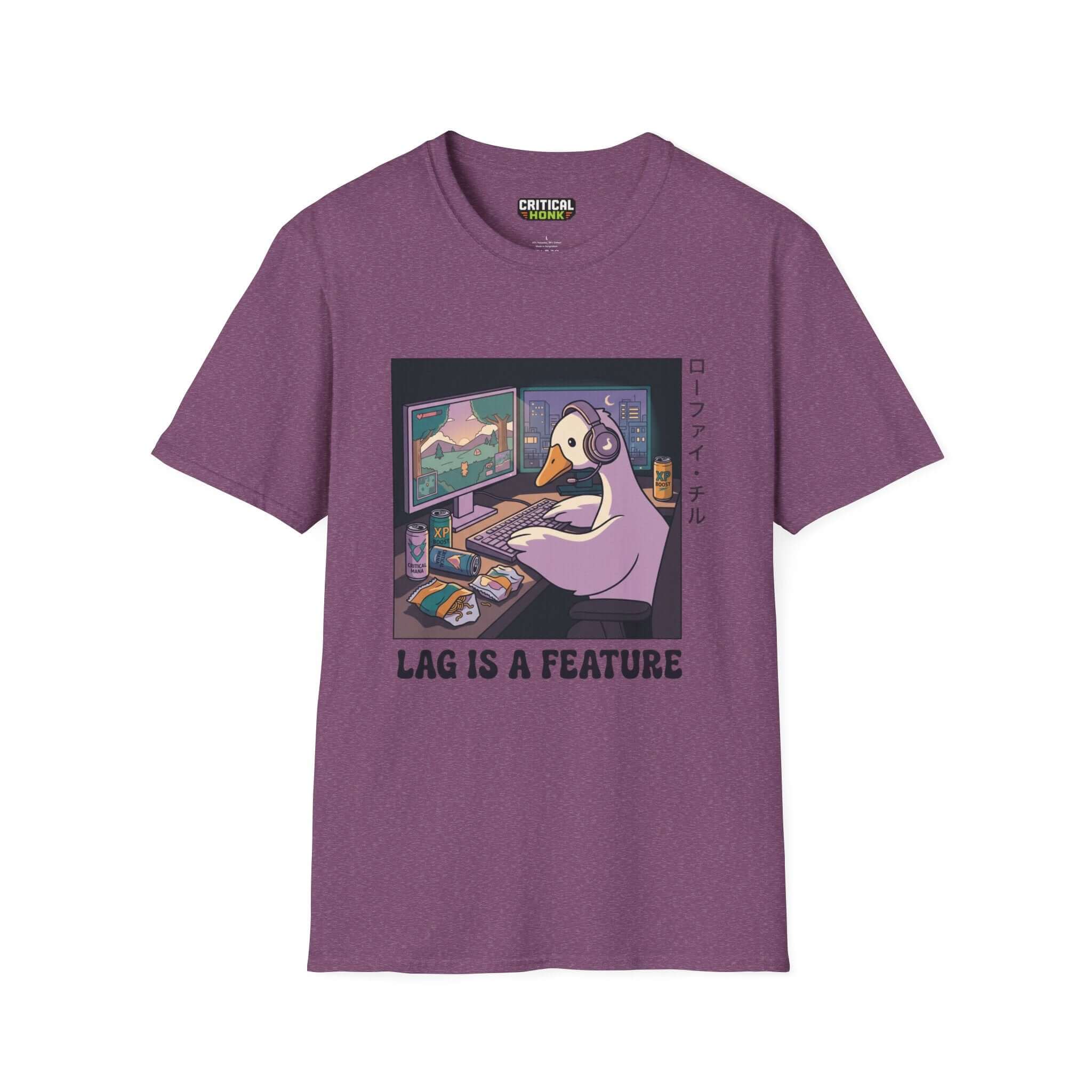 Lag is a feature T-Shirt in Heather Maroon featuring a gaming goose graphic, made of 100% ring-spun cotton.