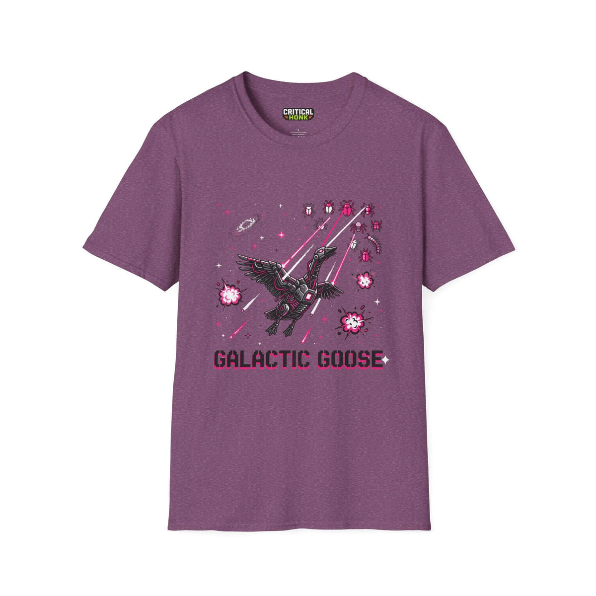 Galactic-goose T-Shirt in Heather Maroon with bold graphic design and unisex fit, made from 100% ring-spun cotton.