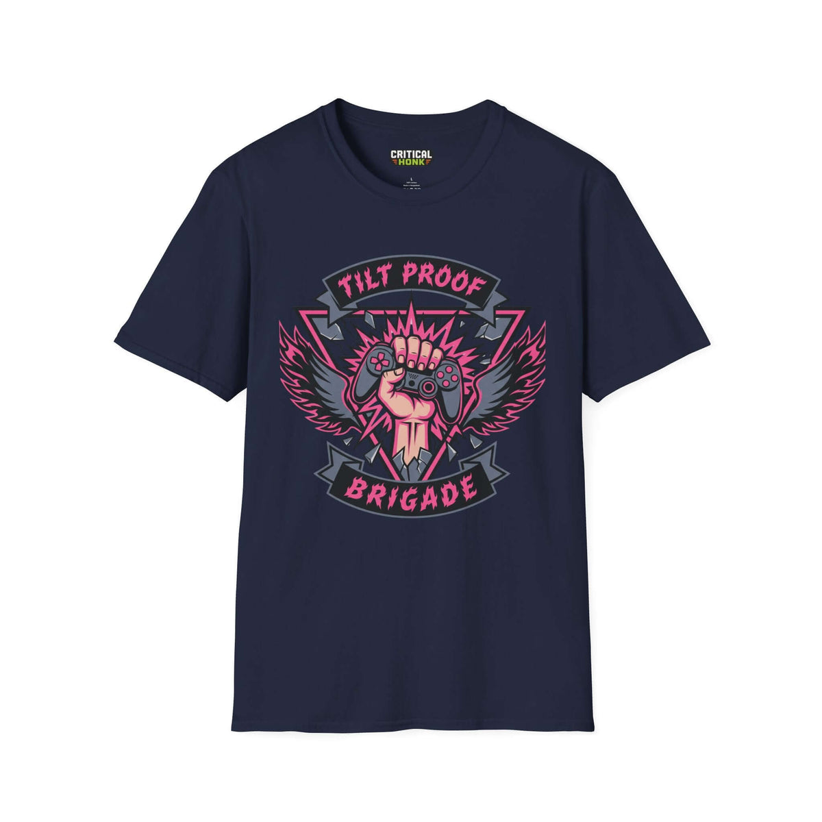 Proof brigade T-Shirt in navy featuring a bold graphic design with a pink gaming controller and wings.