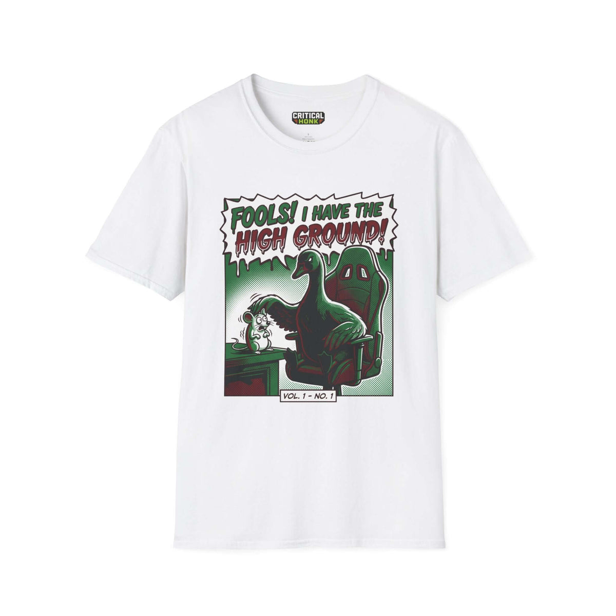 High ground T-Shirt featuring cartoon design with a dinosaur on white fabric, part of the Critical Honk Collection.