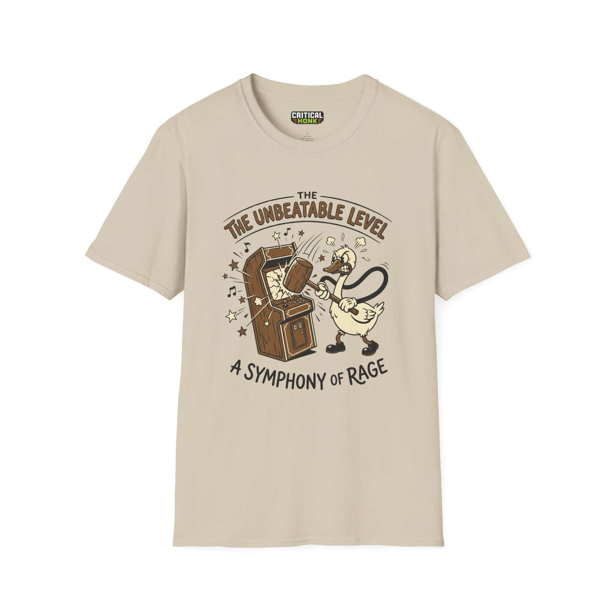 The unbeatable level T-Shirt in sand color featuring a duck character hitting an arcade machine design.