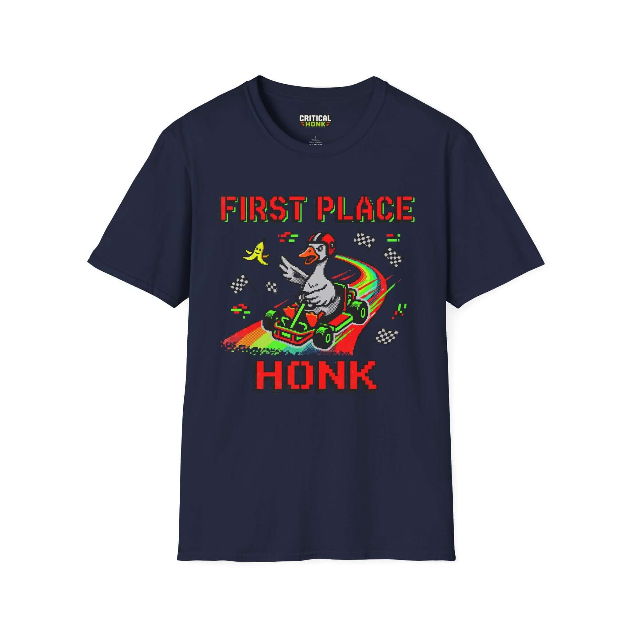 First-place-honk T-Shirt in navy featuring a cartoon goose on a go-kart design, part of Chaos Inspired Apparel.