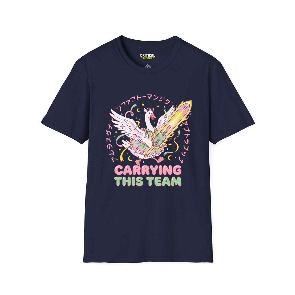 Carriying the team T-Shirt in navy with a whimsical design featuring a swan and sword, from the Critical Honk Collection.