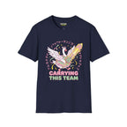 Carriying the team T-Shirt in navy with a whimsical design featuring a swan and sword, from the Critical Honk Collection.