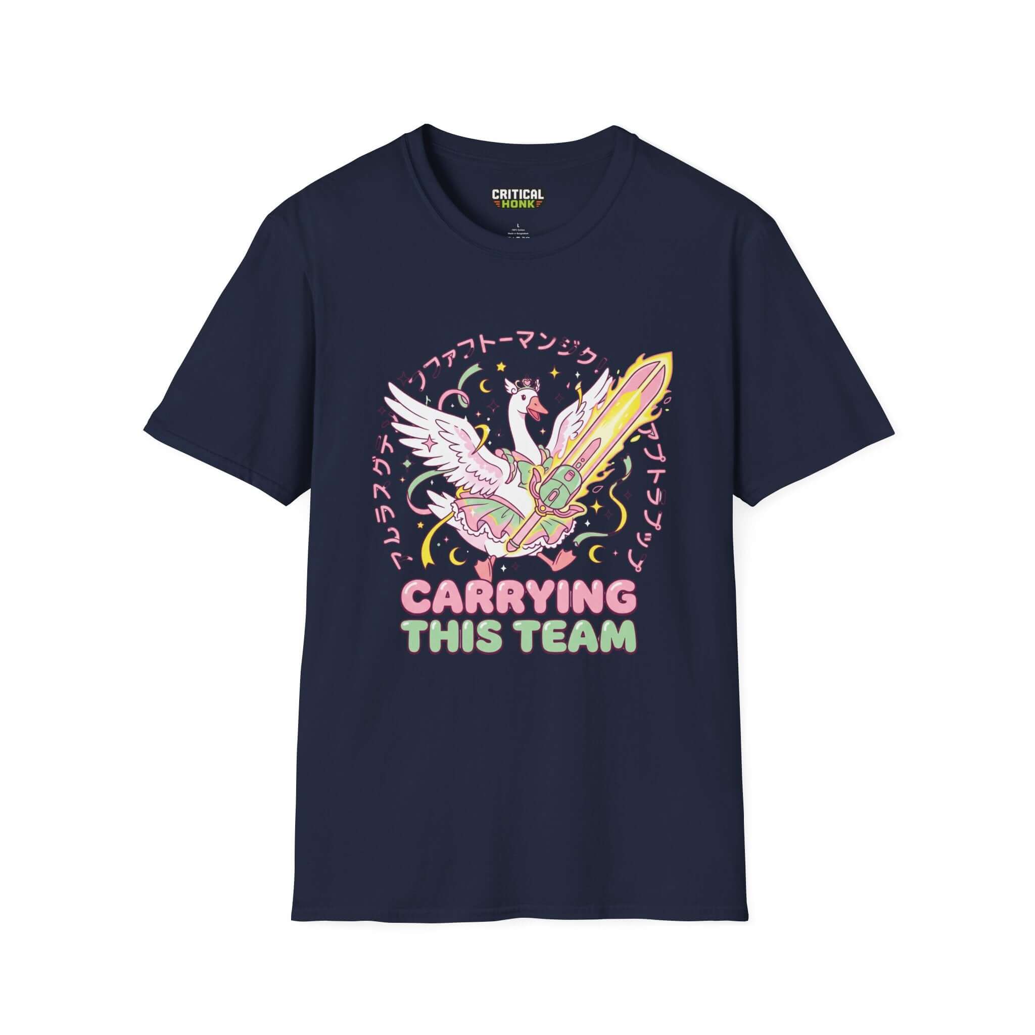 Carriying the team T-Shirt in navy with a whimsical design featuring a swan and sword, from the Critical Honk Collection.
