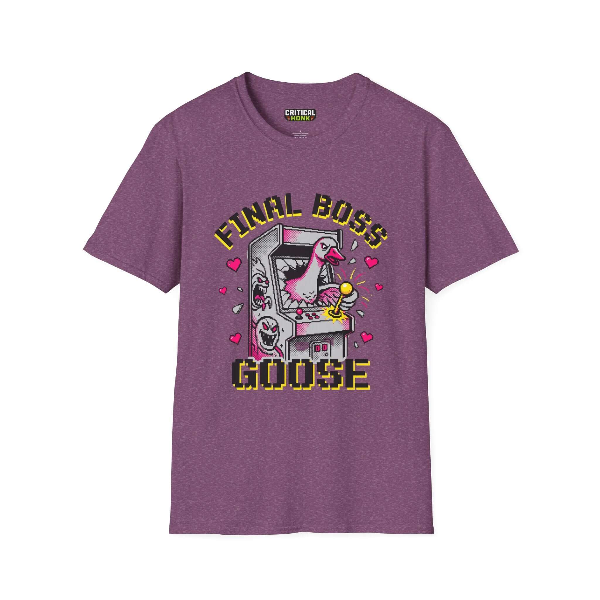 Final-boss-goose T-Shirt in Heather Maroon, featuring a fun arcade design and a soft, light fabric.