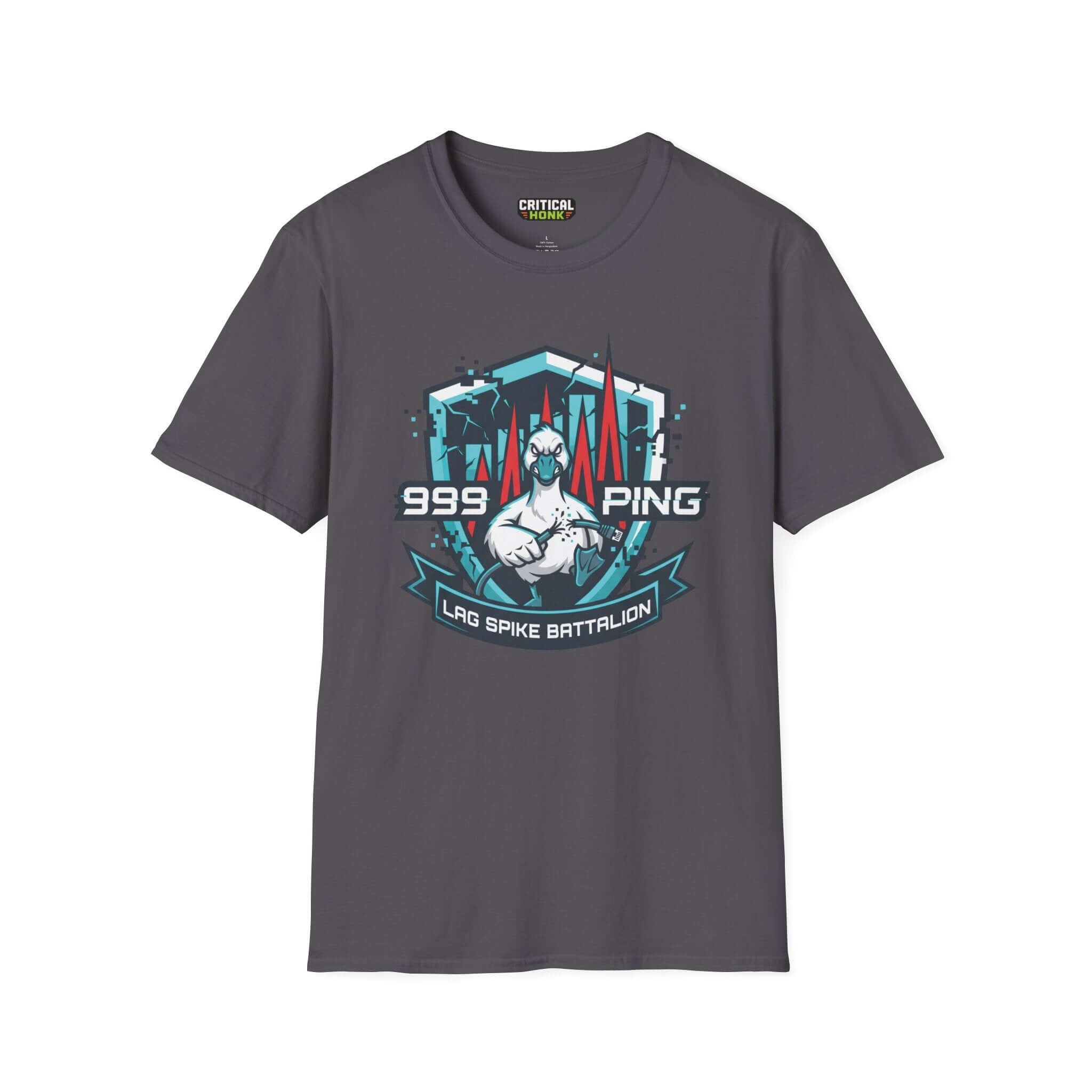 Lag spike T-Shirt in charcoal featuring gaming design from Critical Honk's Chaos Inspired Apparel.