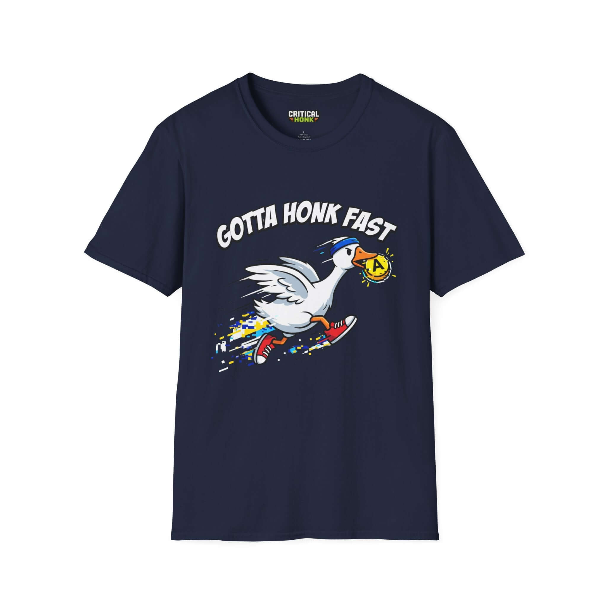 Gotta-honk-fast T-Shirt in navy featuring a graphic of a running goose holding a honking bell.