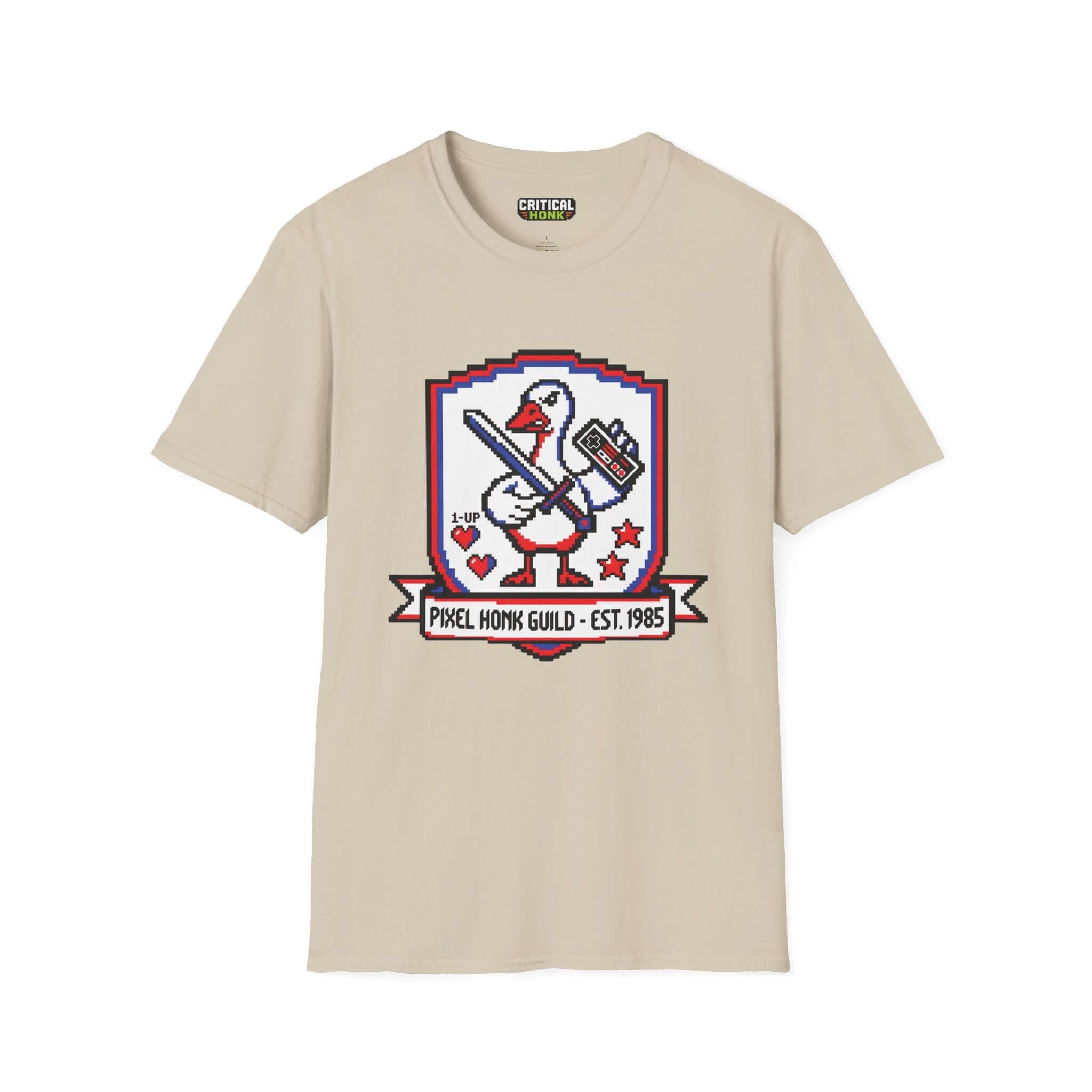 Pixel guild T-Shirt in sand color featuring Pixel Honk Guild design, made from soft 100% ring-spun cotton.