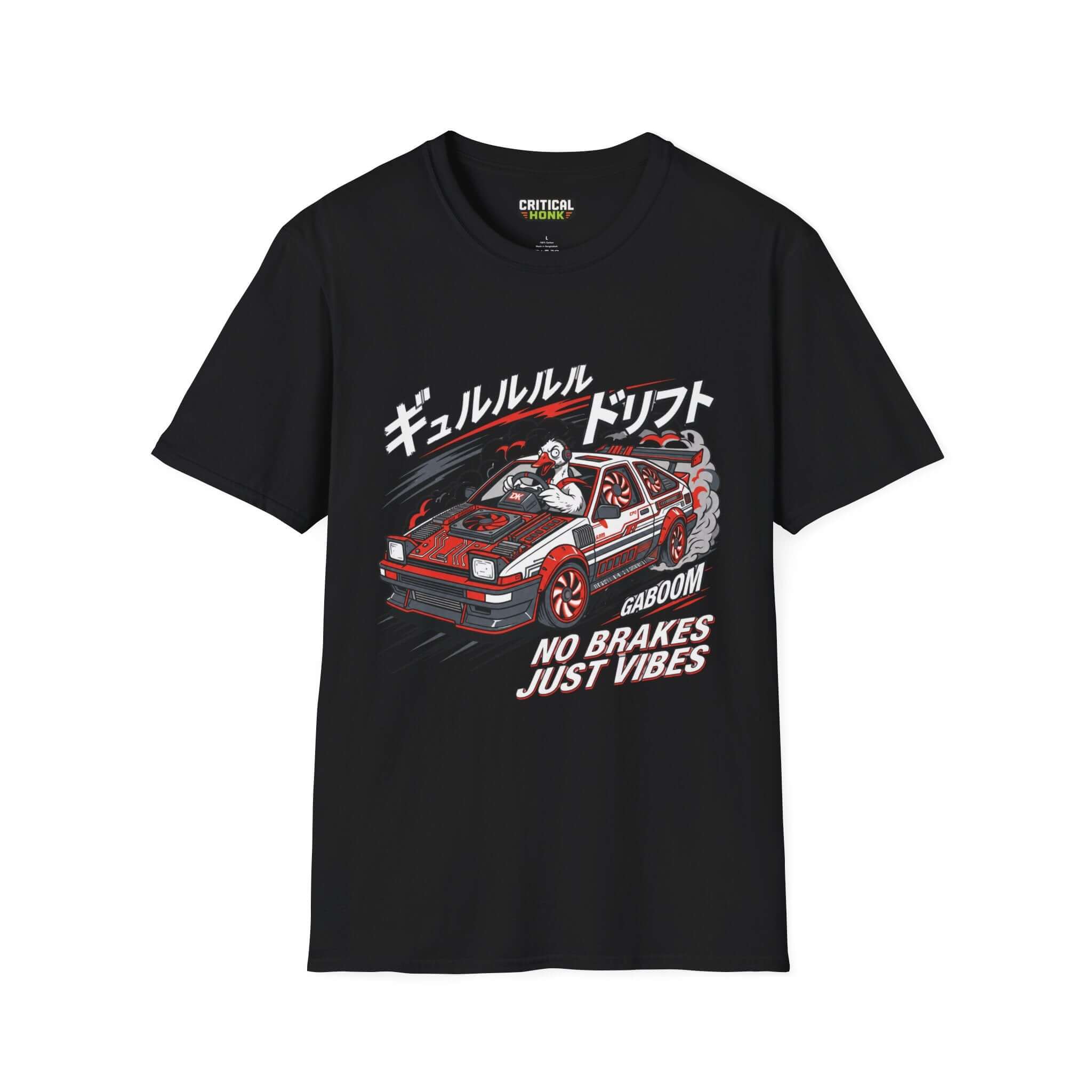 No brakes T-Shirt featuring a car graphic on a black Gildan Softstyle tee from the Critical Honk Collection.