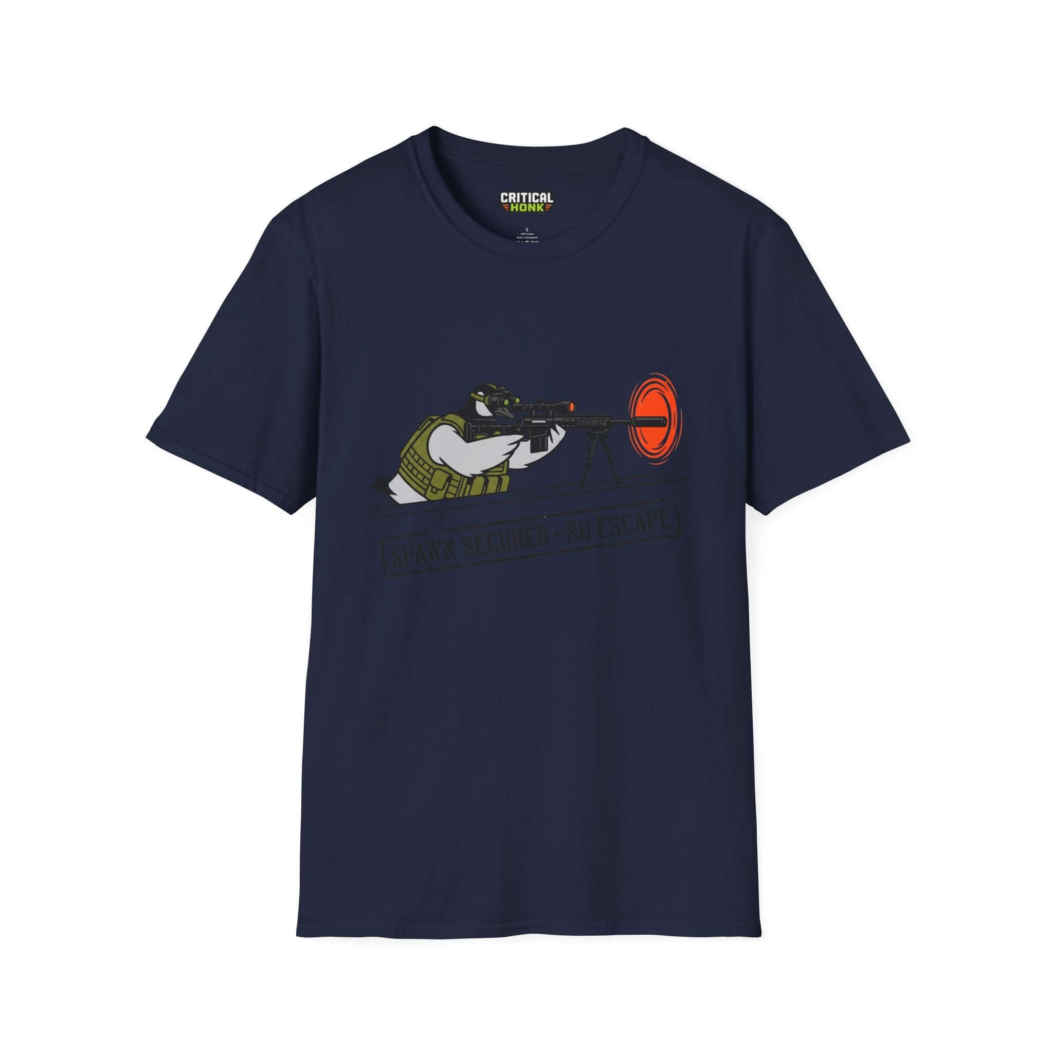 Spawn secured no escape T-Shirt in navy featuring a graphic of a penguin in tactical gear.