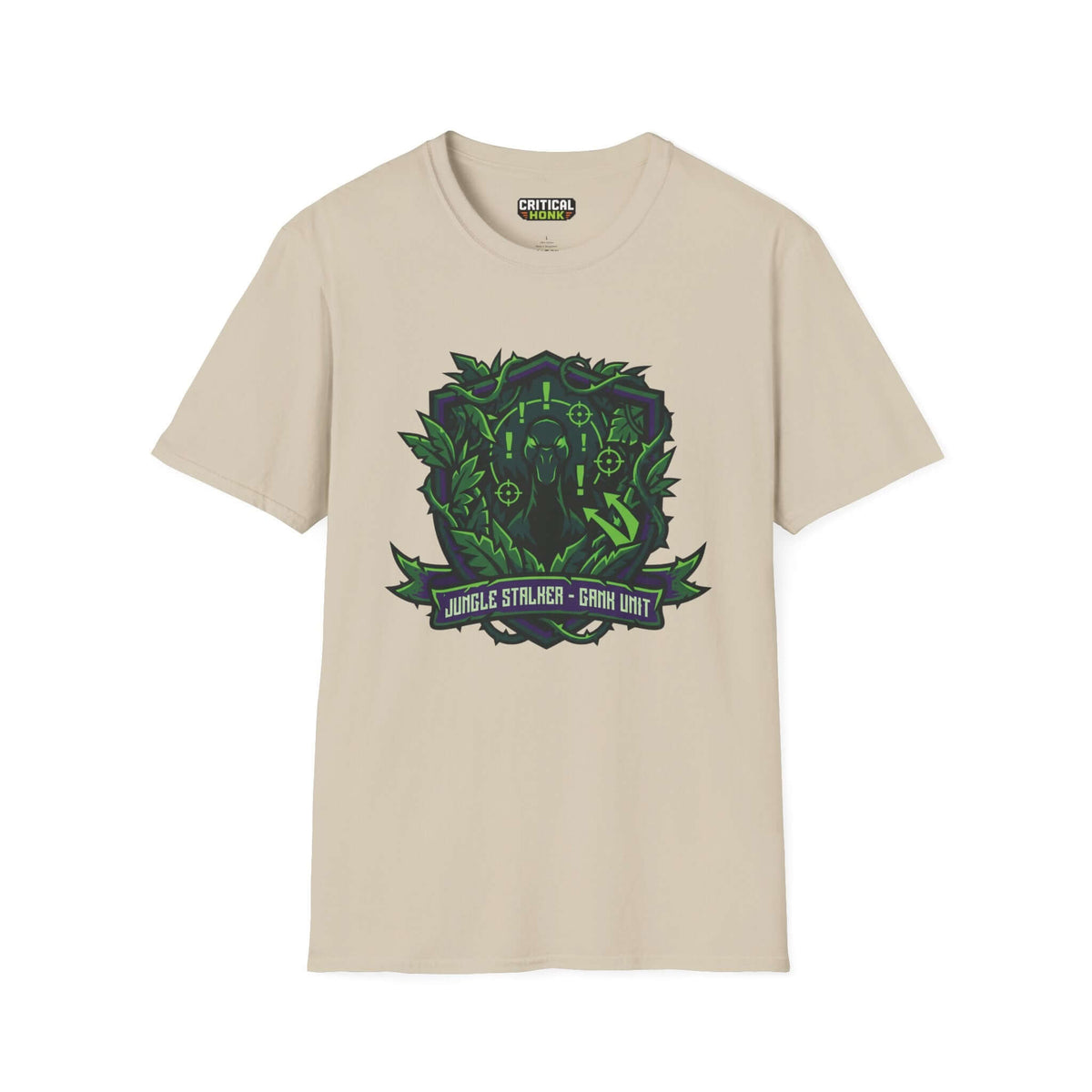Gank unit T-Shirt in sand color featuring Jungle Stalker design by Critical Honk, made from soft 100% ring-spun cotton.