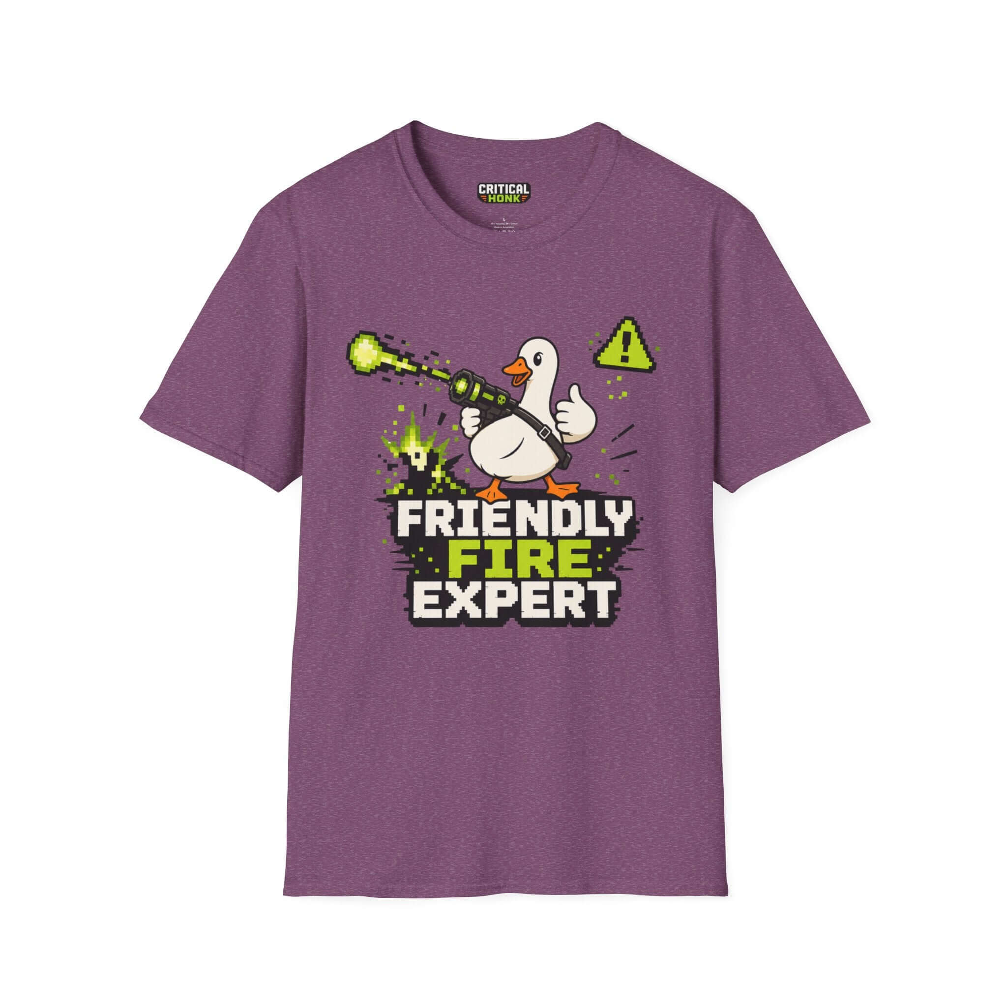 Friendly-fire-expert T-Shirt in Heather Maroon with a playful goose graphic and vibrant design.