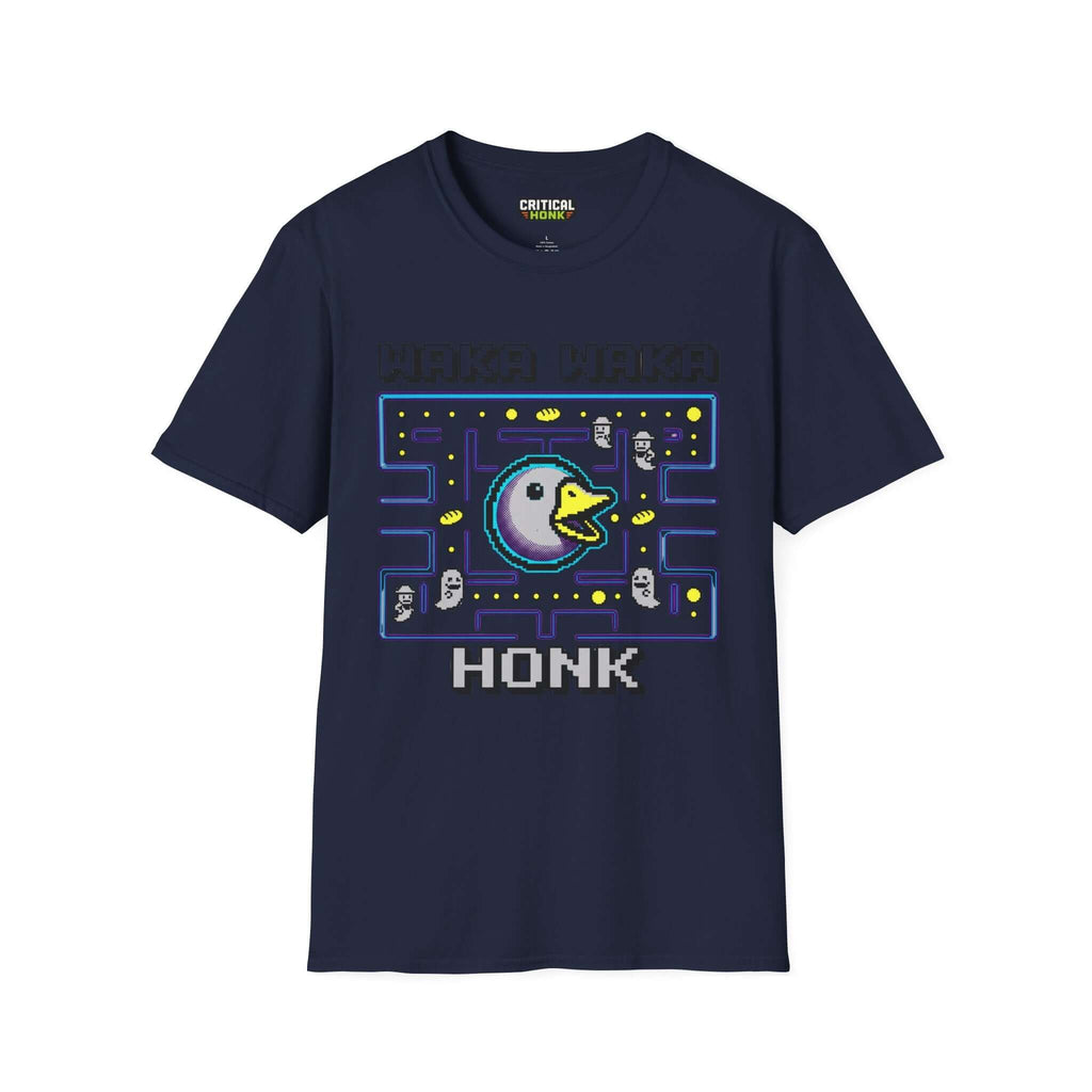 Waka waka honk T-Shirt in navy color featuring pixel art design and classic gaming elements.