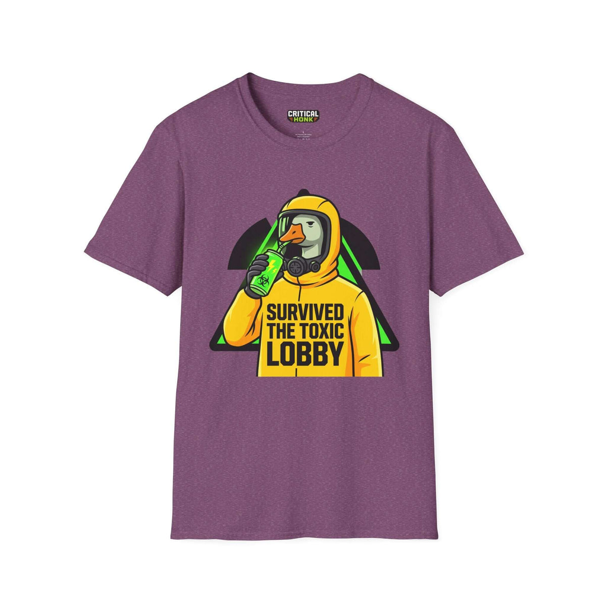 Survived toxic T-Shirt in Heather Maroon featuring a duck in a gas mask design by Critical Honk.