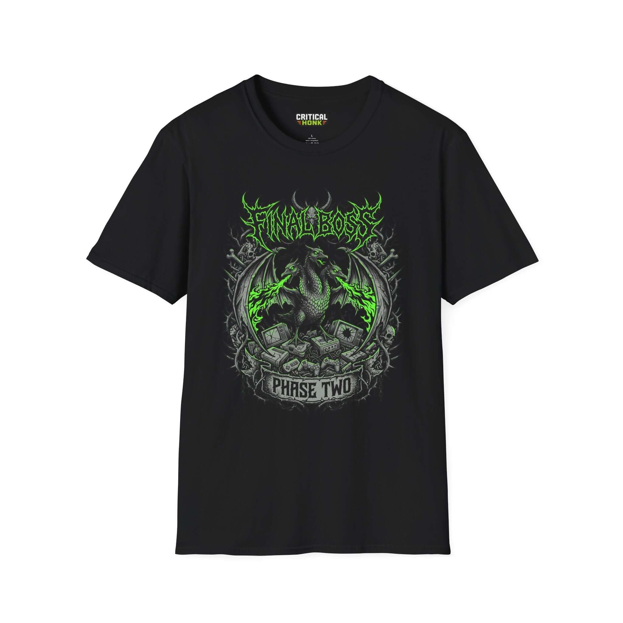 Final-boss-phase-two T-Shirt in black, featuring a vibrant graphic design, made from 100% ring-spun cotton, unisex fit.