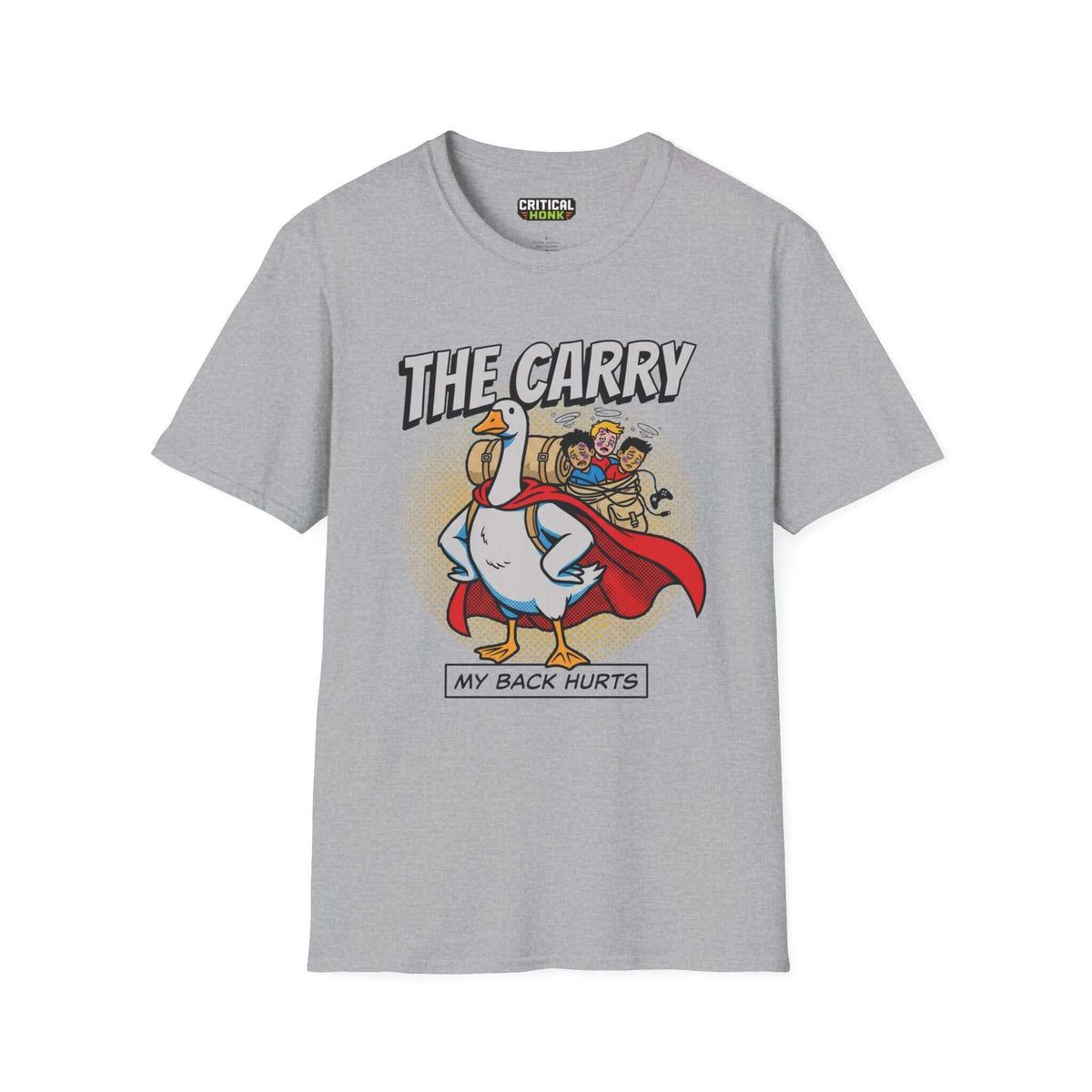 The carry T-Shirt in Sport Grey featuring a cartoon goose and humorous graphic design for Chaos Inspired Apparel.