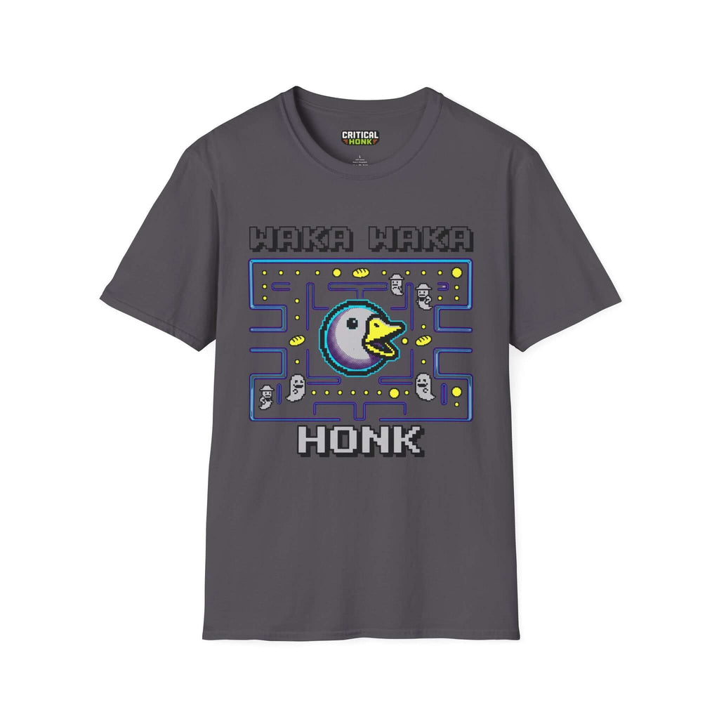 Waka waka honk T-Shirt in charcoal color, featuring retro graphics of a duck and maze design.