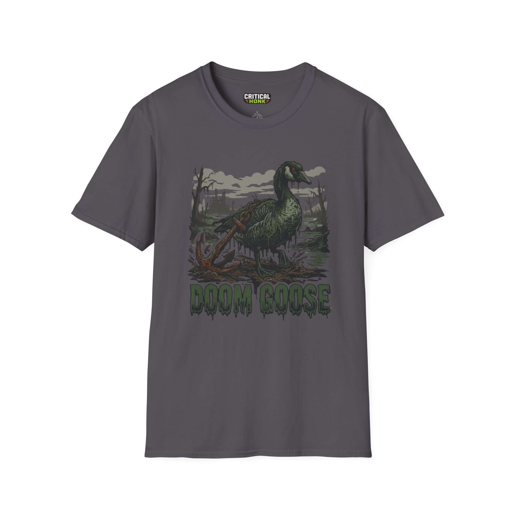 Doom goose T-Shirt in charcoal color featuring a unique graphic design from the Critical Honk Collection.