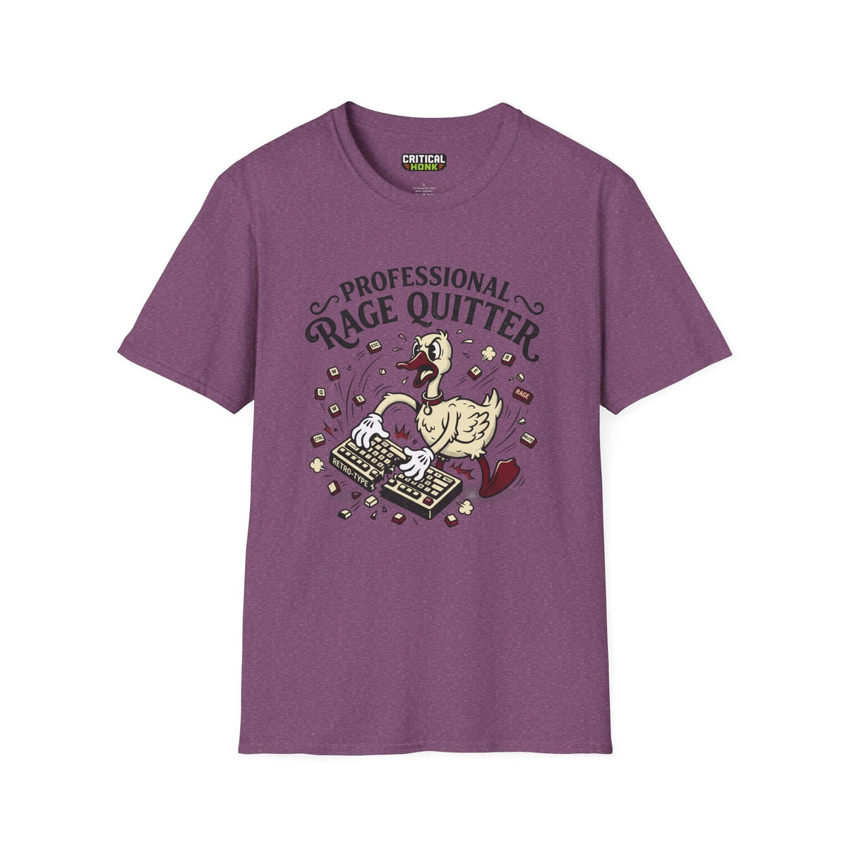 Professional rage quitter T-Shirt in Heather Maroon, featuring a whimsical graphic design of a duck on a keyboard.