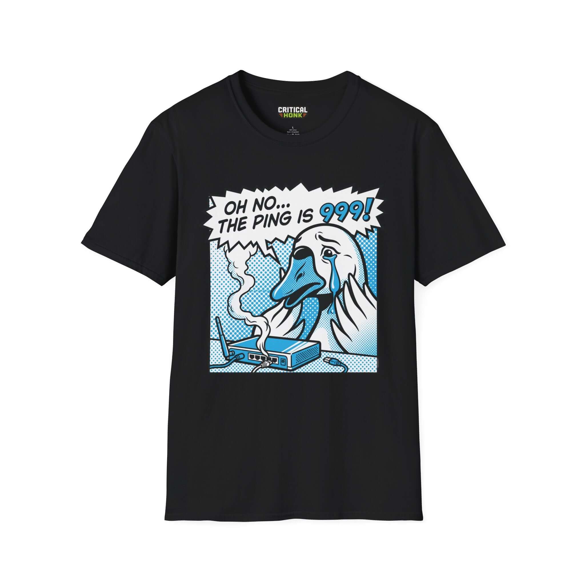 Ping 999 T-Shirt featuring a cartoon duck with a distressed expression on a black Gildan Softstyle tee.