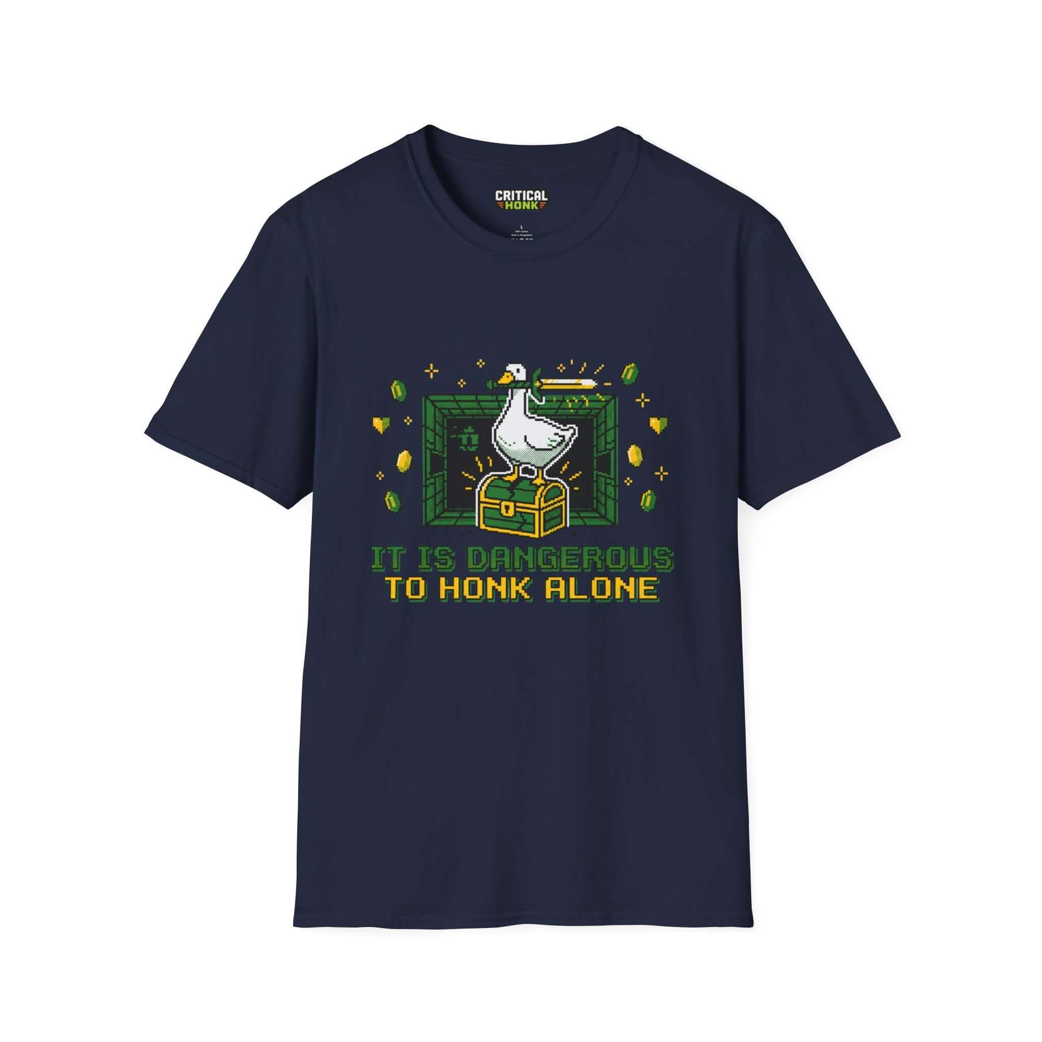 Is dangerous T-Shirt in navy featuring a playful graphic that reads 'IT IS DANGEROUS TO HONK ALONE'.