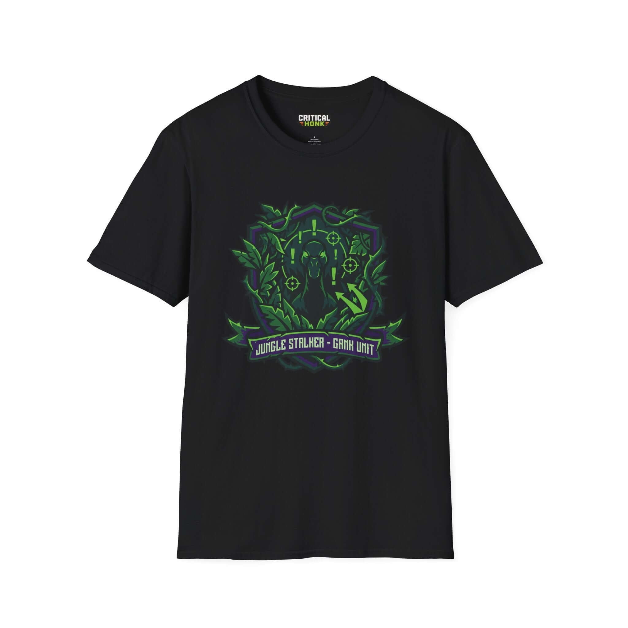 Gank unit T-Shirt in black featuring the Jungle Stalker design, made from soft 100% ring-spun cotton, part of Critical Honk Collection.