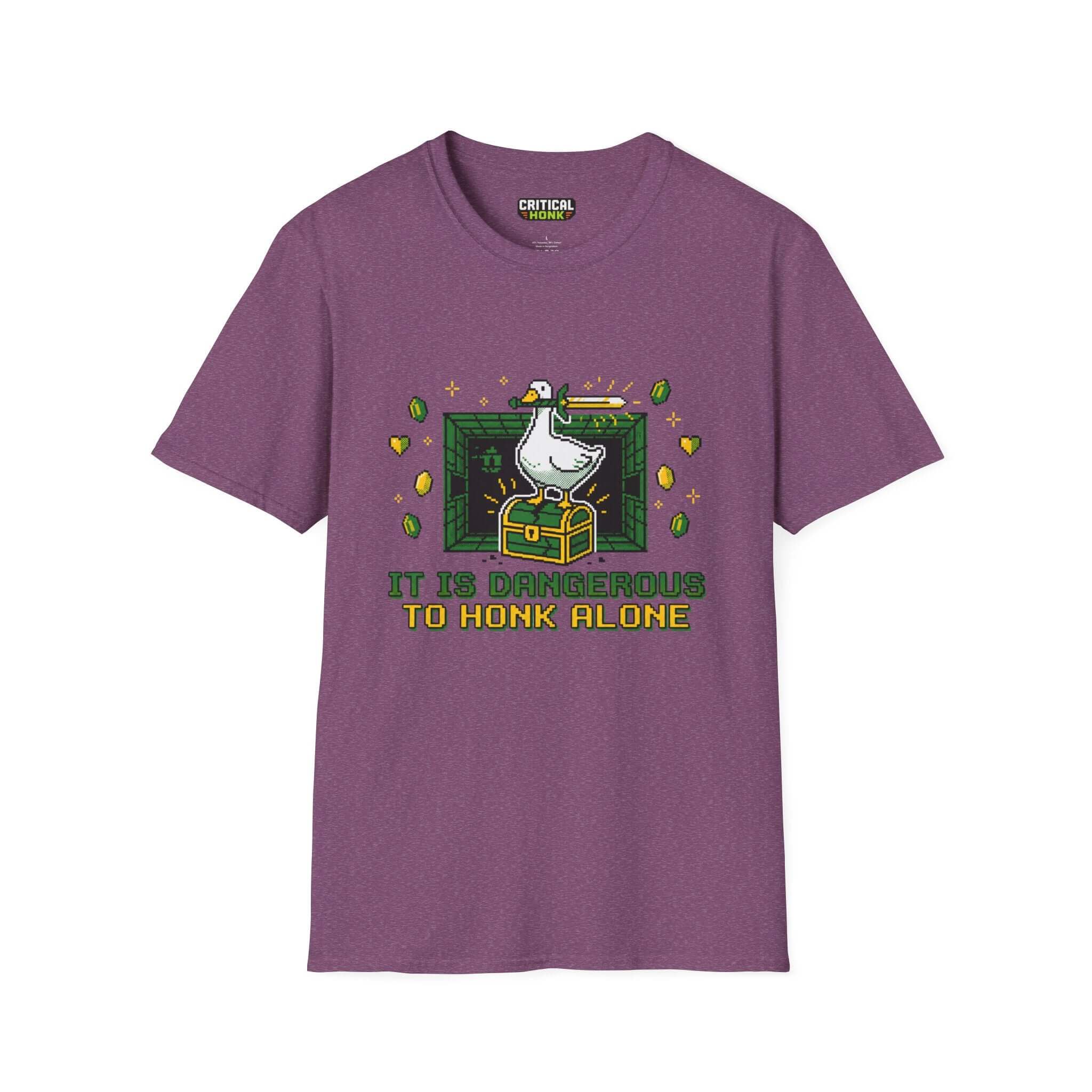 Is dangerous T-Shirt in Heather Maroon featuring a cartoon duck design and Critical Honk Collection graphics.