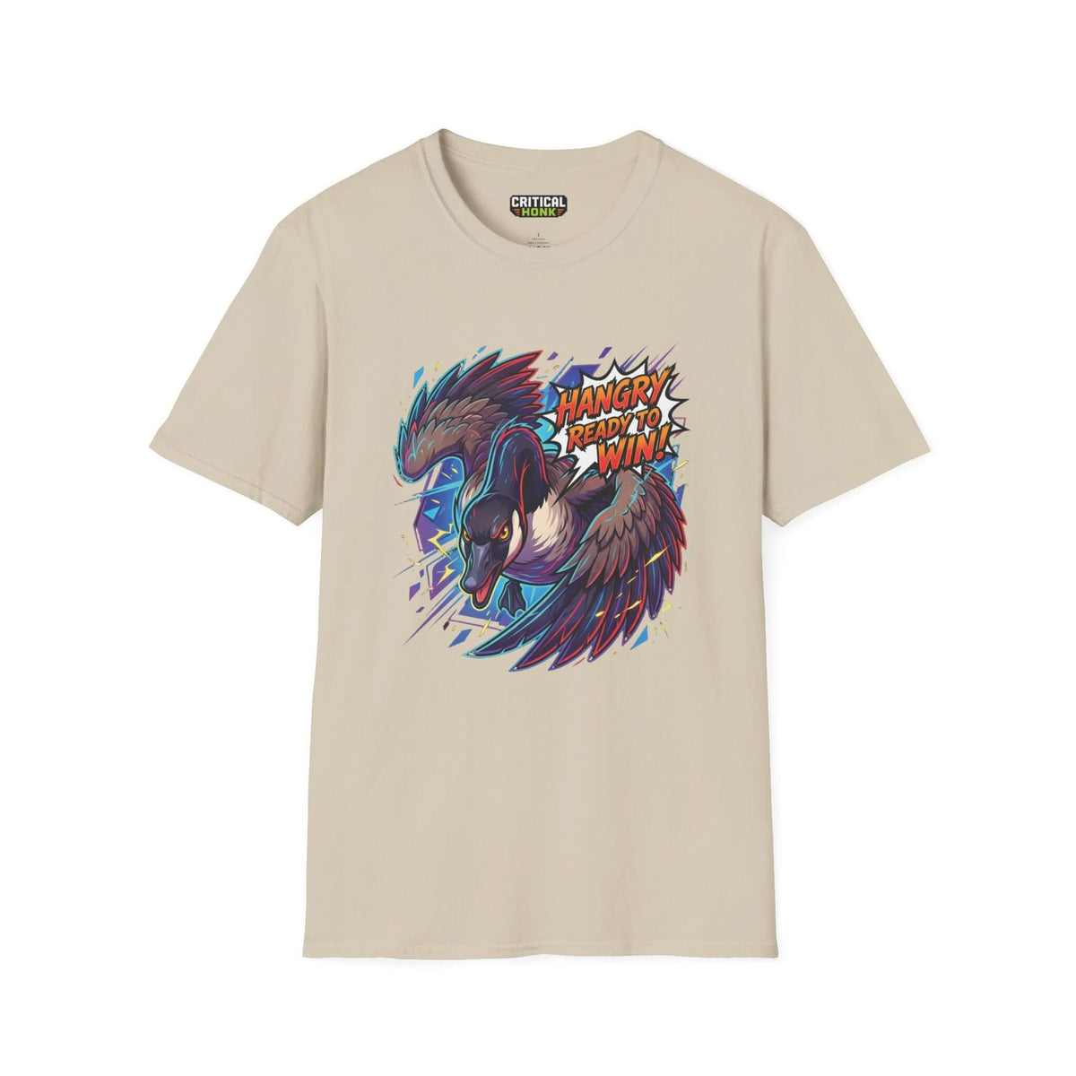 Hangry to win T-Shirt in sand color featuring a colorful graphic design of a bird, Gildan Softstyle unisex fit.